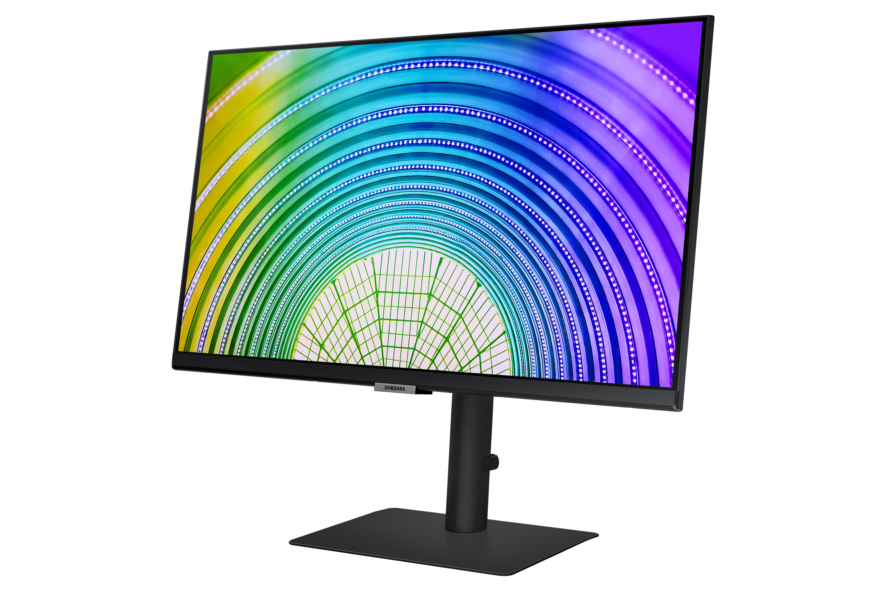 Un monitor Samsung mostra un motivo astratto colorato. Il supporto è nero, la cornice è scura.