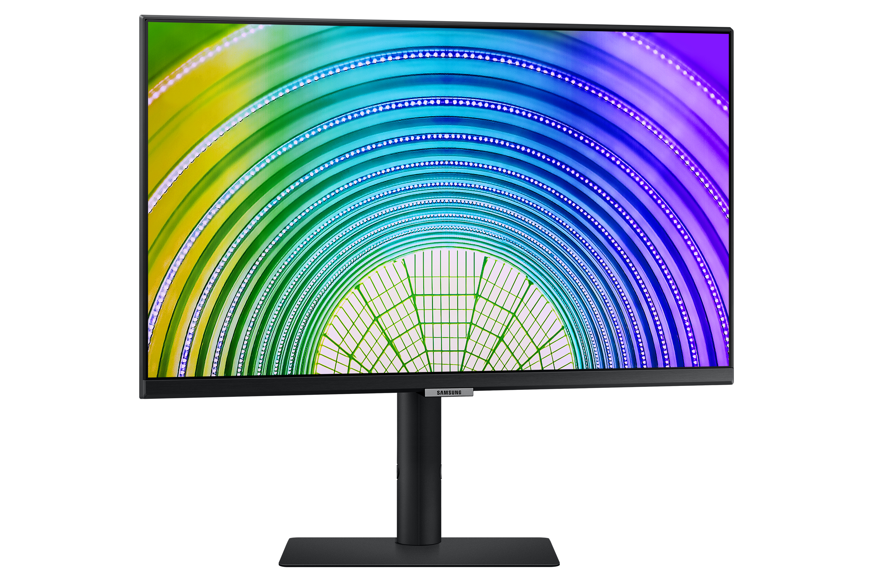 Monitor Samsung con sfondo astratto e colorato. Supporto nero. Sfondo bianco.