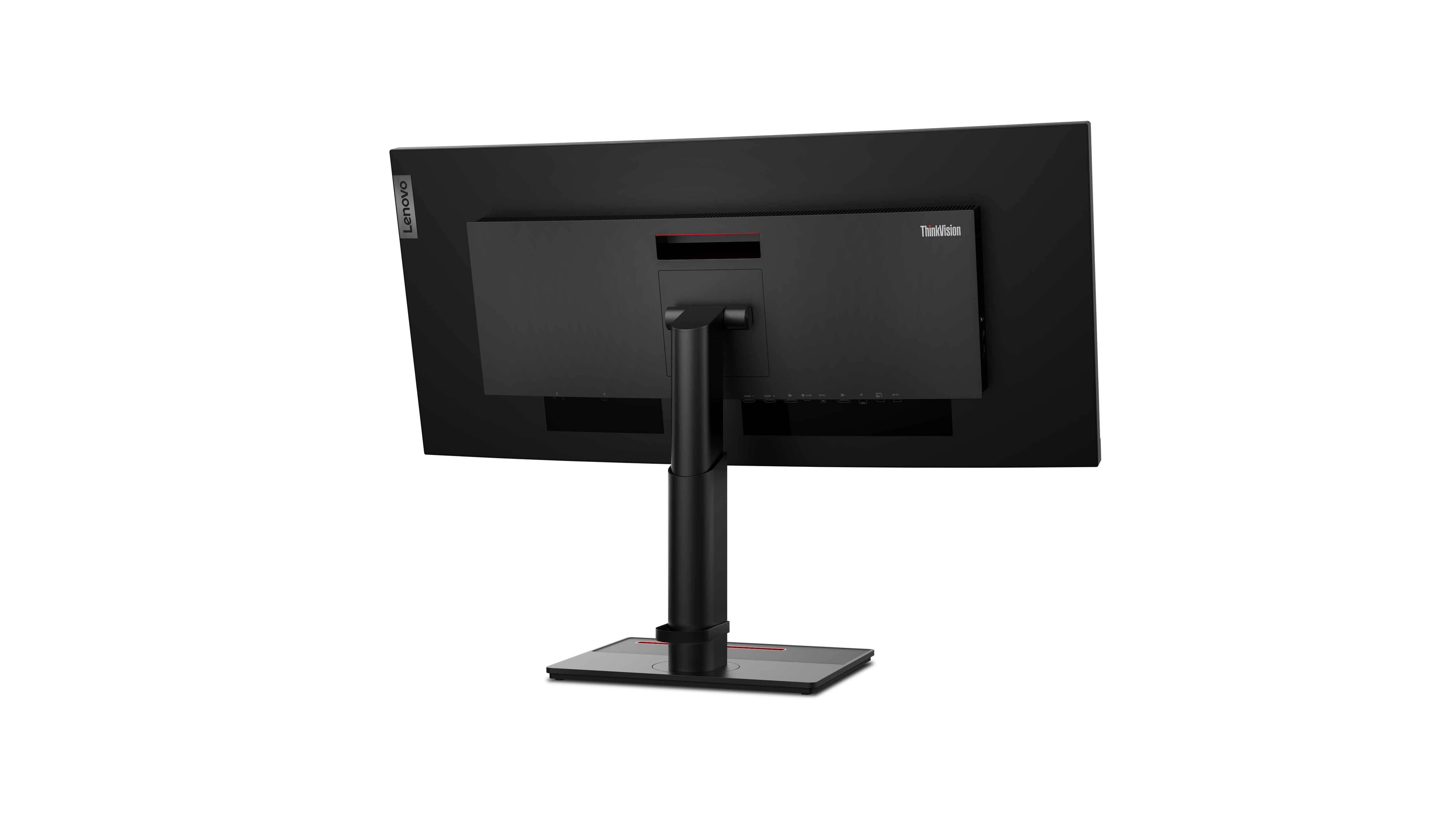 Tył czarnego monitora Lenovo. Podstawa jest czarna.