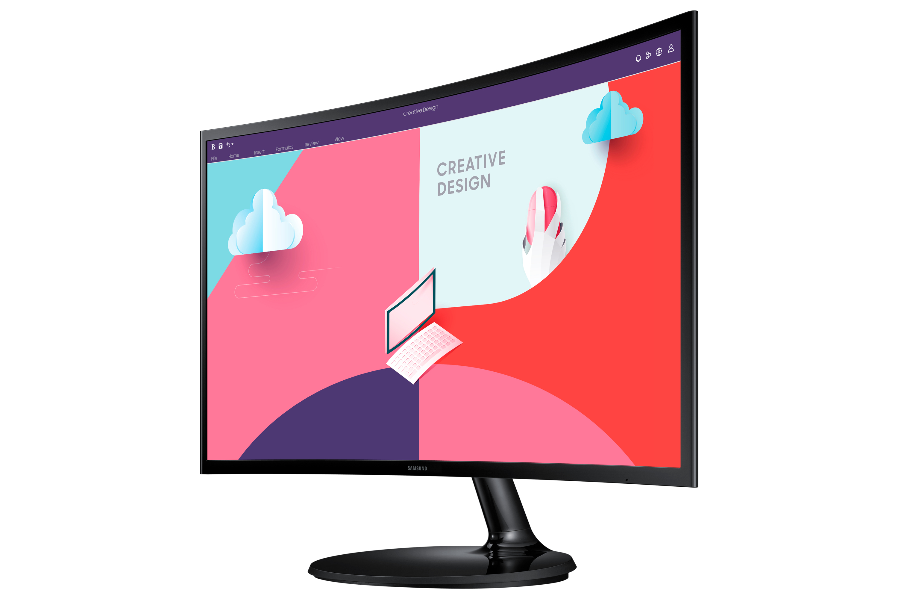 Zakrzywiony monitor Samsung wyświetlający kreatywny design. Monitor jest czarny, z zakrzywionym ekranem.