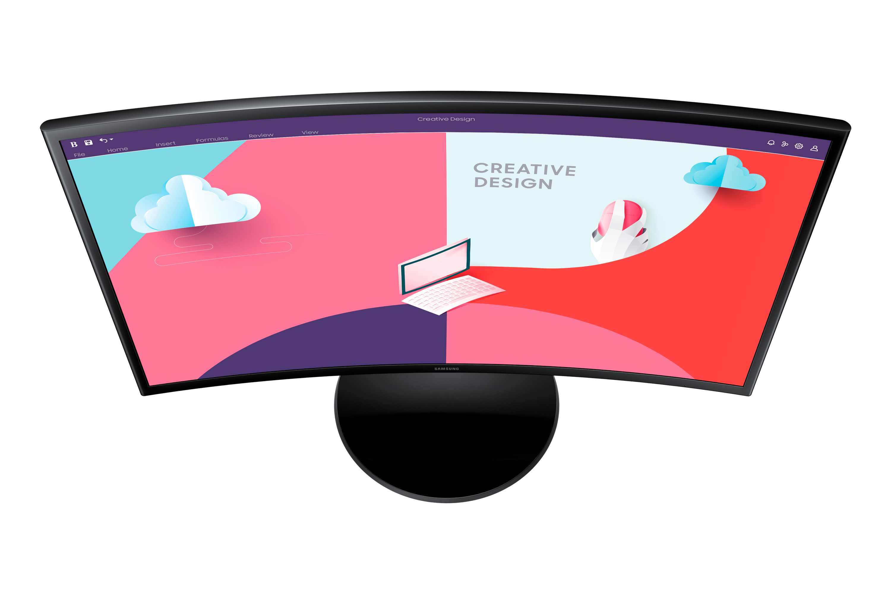 Zakrzywiony monitor komputera wyświetlający kreatywny design z chmurami i laptopem.