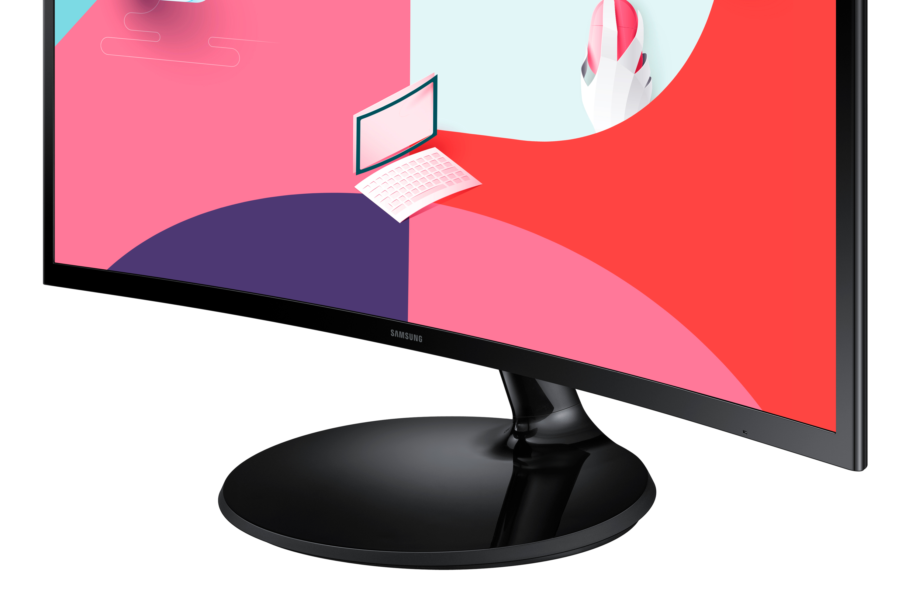 Zakrzywiony czarny monitor komputera z czarną podstawą. Ekran wyświetla kolorową grafikę.