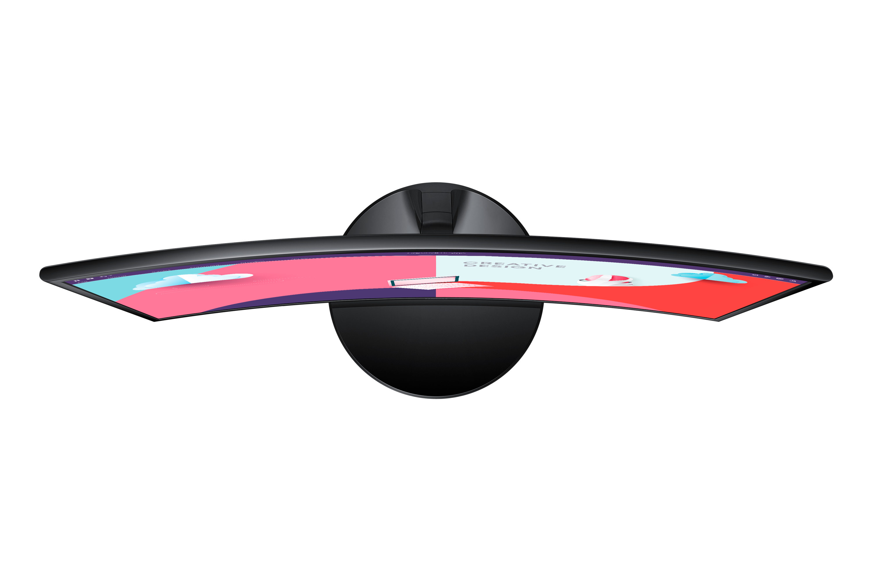 Zakrzywiony czarny monitor, widok z góry, wyświetlający kolorowy wzór na ekranie, z czarną podstawą.