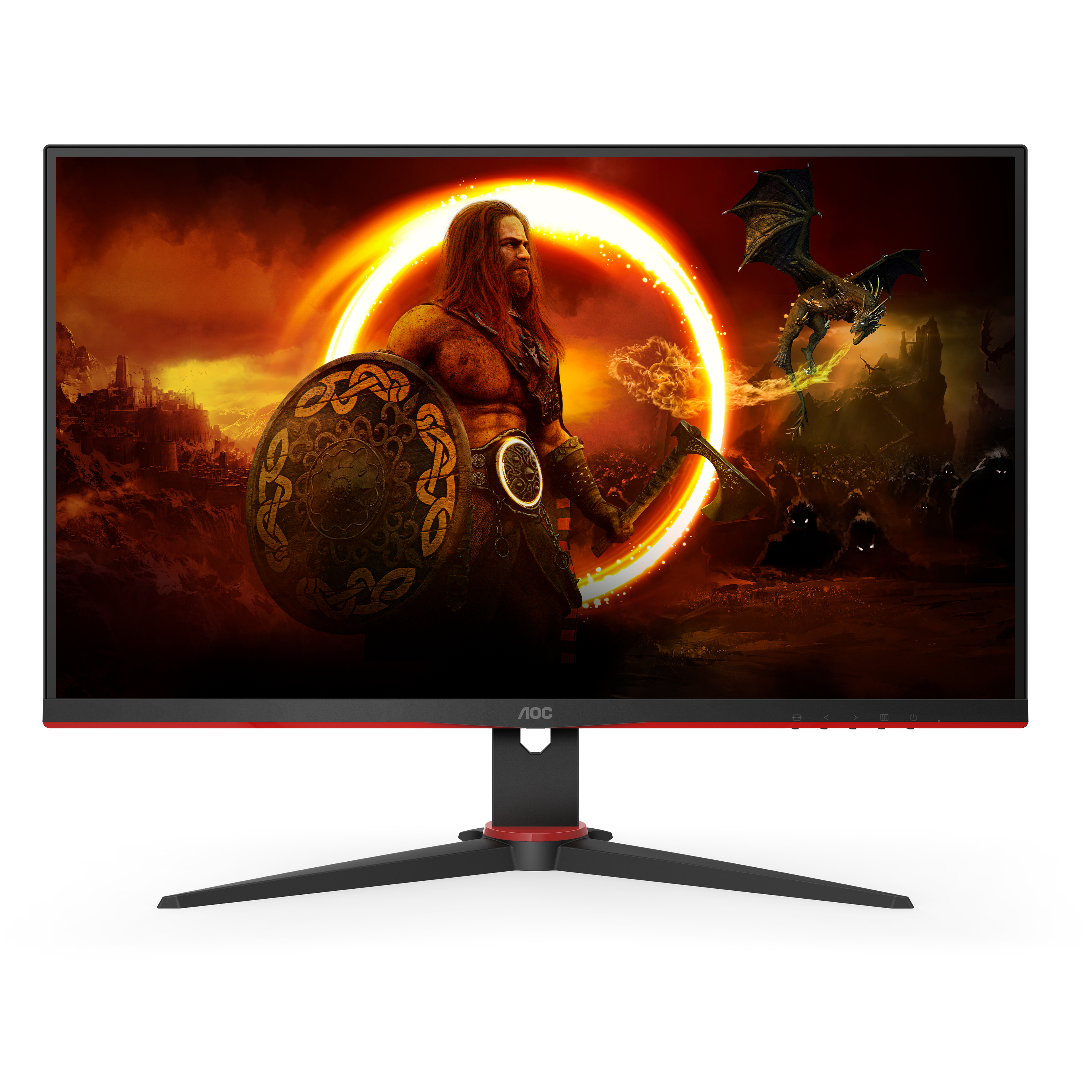 Monitor de juegos mostrando una escena de fantasía con guerrero y dragón. Marco y soporte negros.