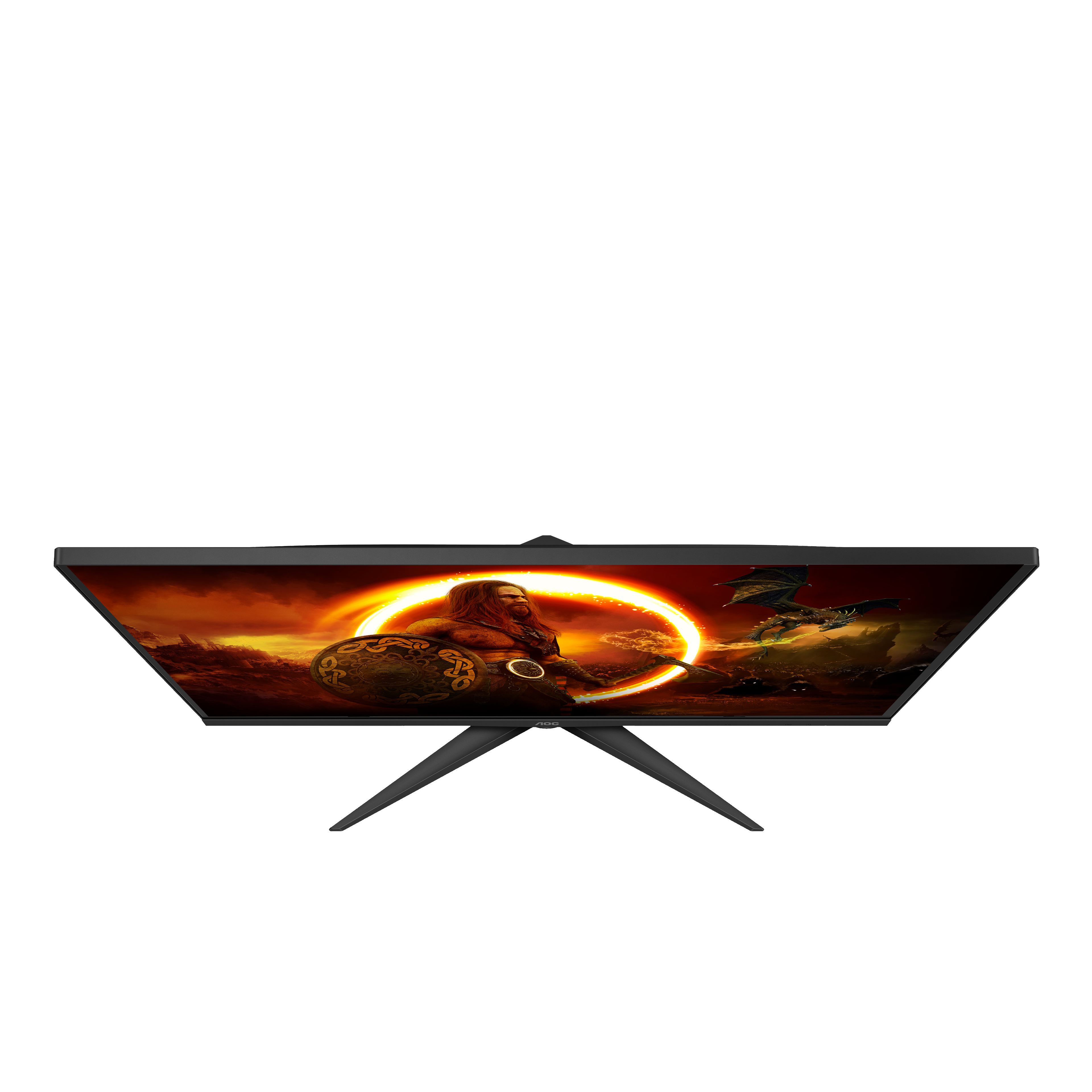 Un monitor de computadora que muestra una escena con un guerrero y un dragón.