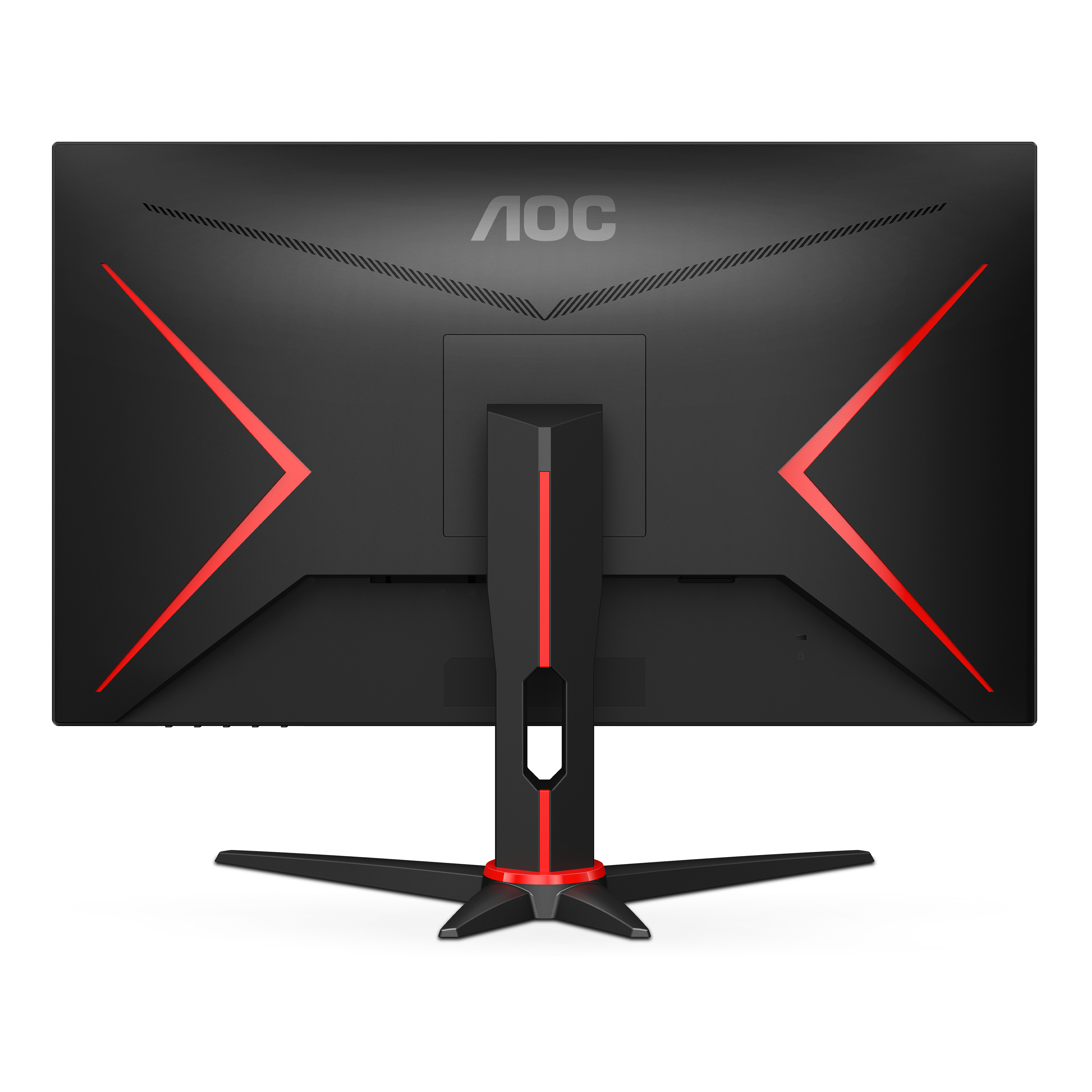 Un monitor negro con diseño rojo. La parte trasera muestra el logo de AOC y acentos rojos angulares. Soporte negro.