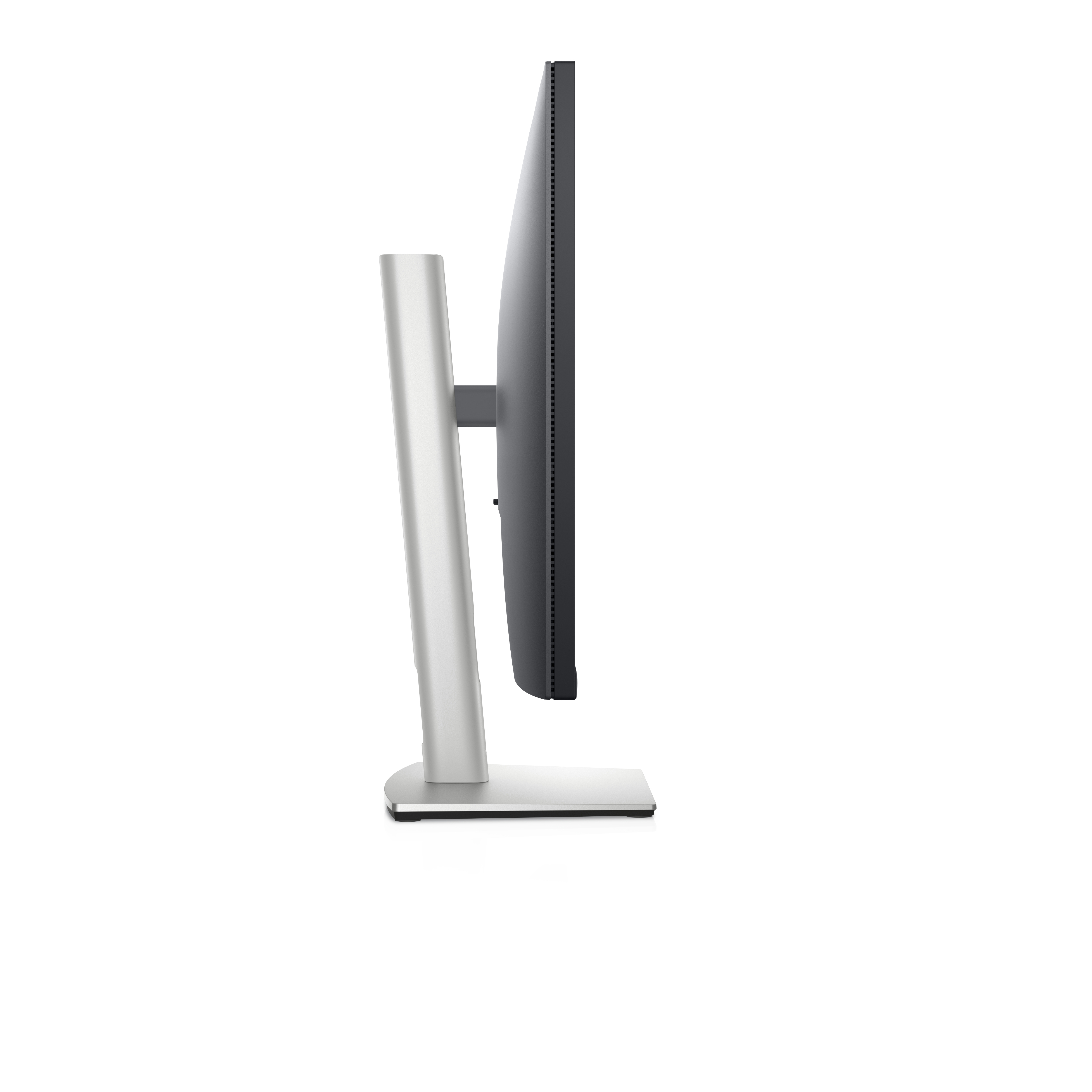 Widok z boku monitora Dell. Jest srebrny i czarny, o smukłej konstrukcji i białym tle.