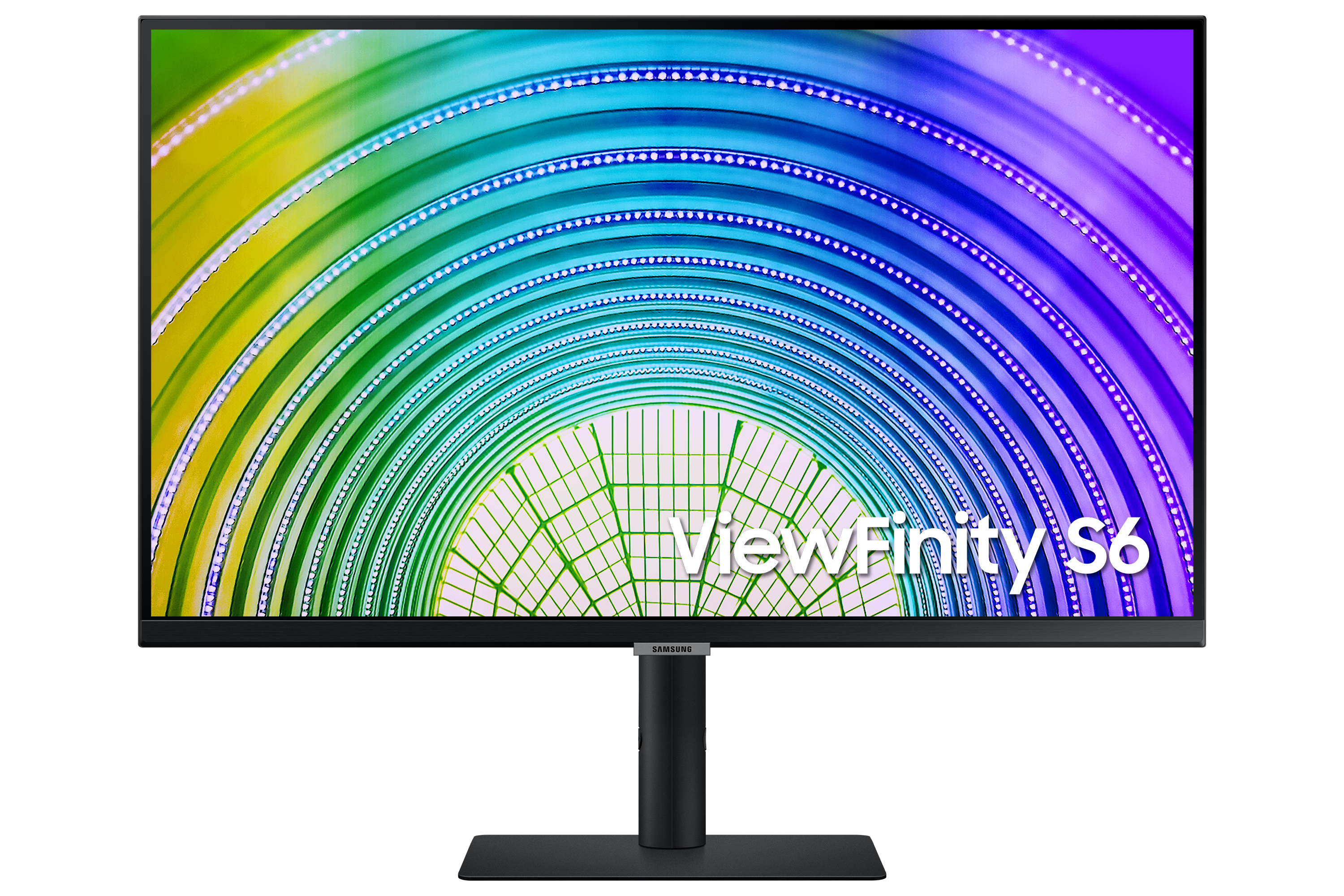 Czarny monitor komputera wyświetlający kolorowy obraz tęczy z tekstem 'ViewFinity S6'.