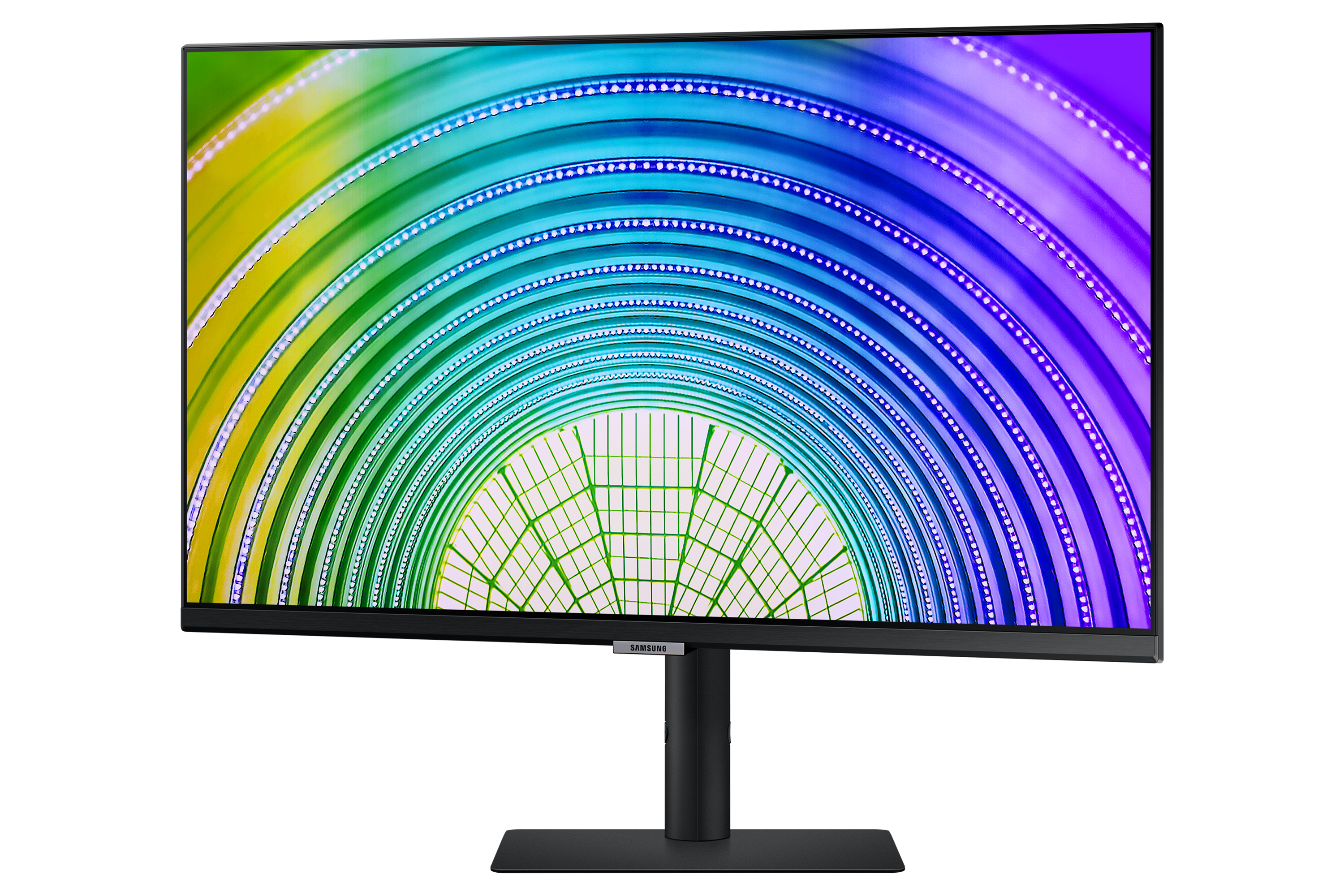 Monitor nero con display curvo arcobaleno, logo Samsung, su supporto nero e sfondo bianco.