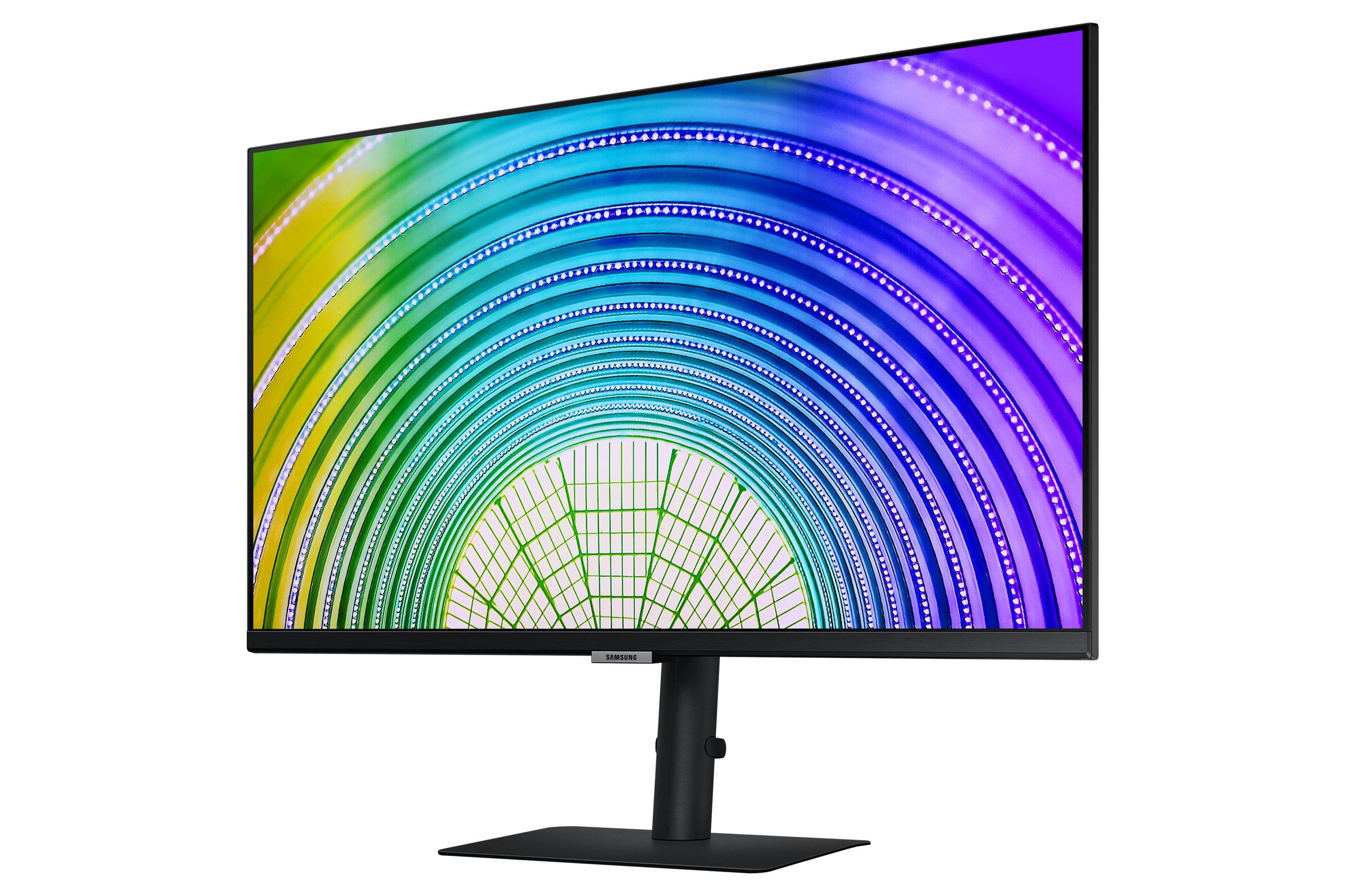 Monitor Samsung con display arcobaleno, supporto nero.