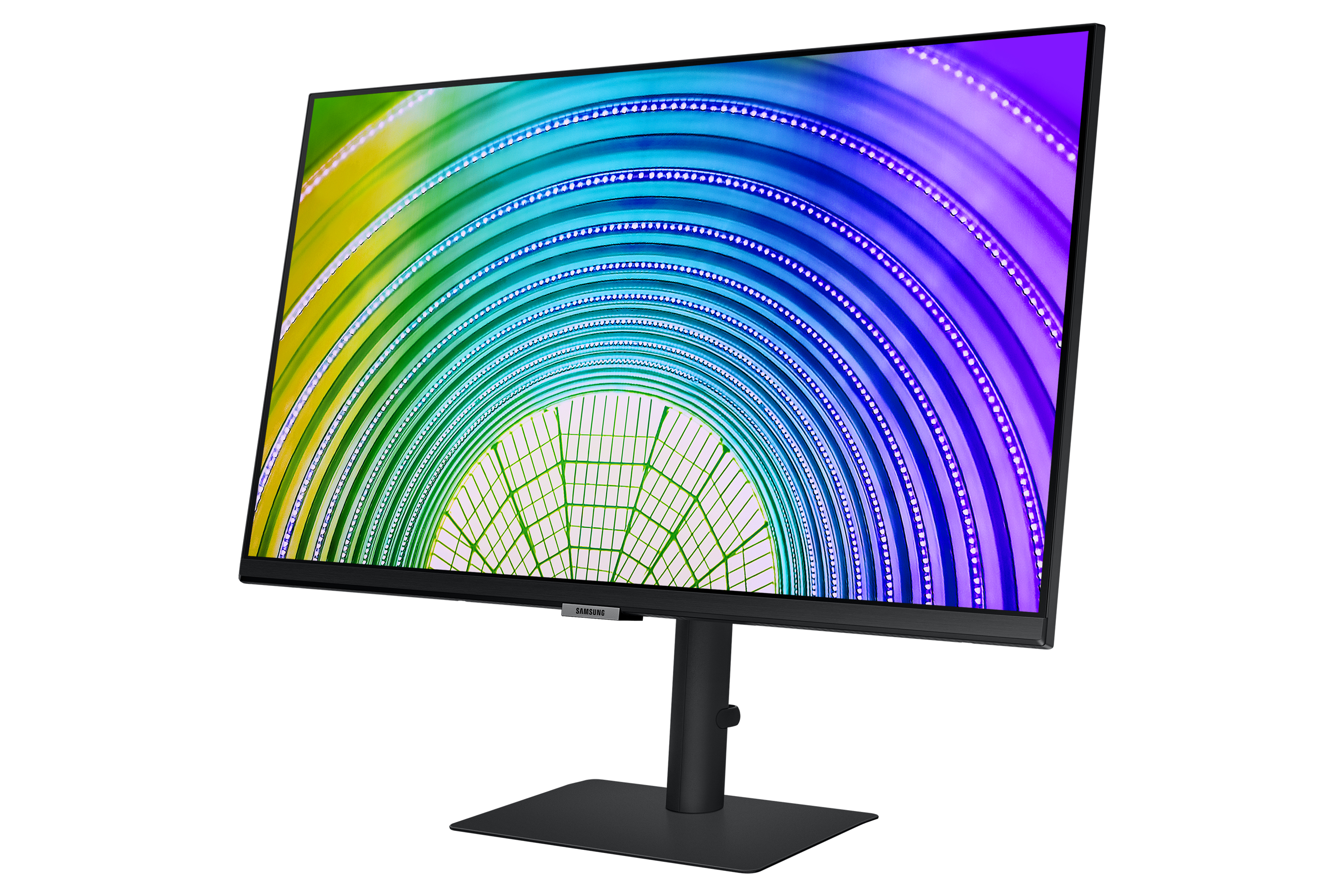 Un monitor mostra un motivo astratto colorato con un supporto nero, su uno sfondo bianco.