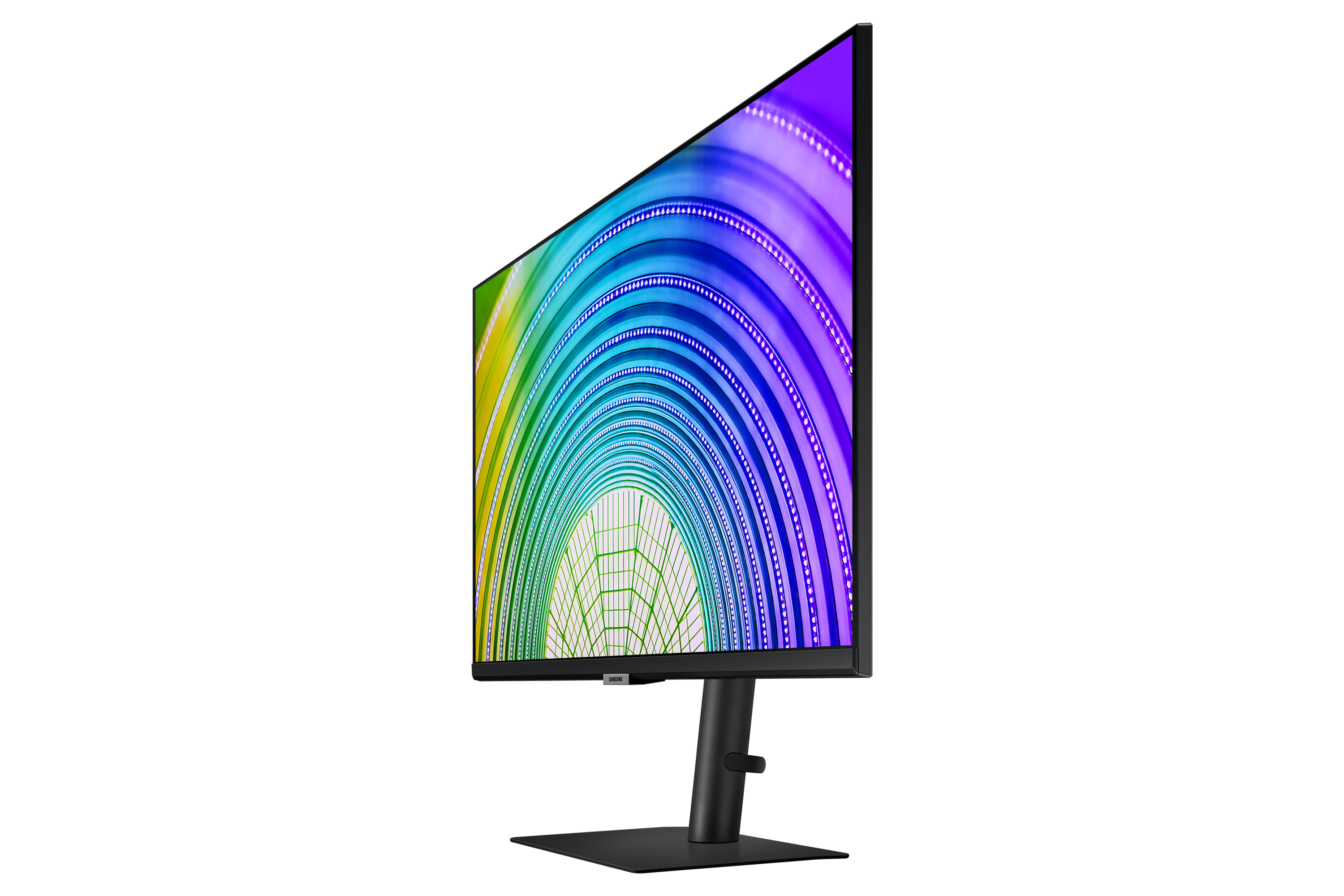 Vista laterale di un monitor Samsung nero con grafica circolare colorata.