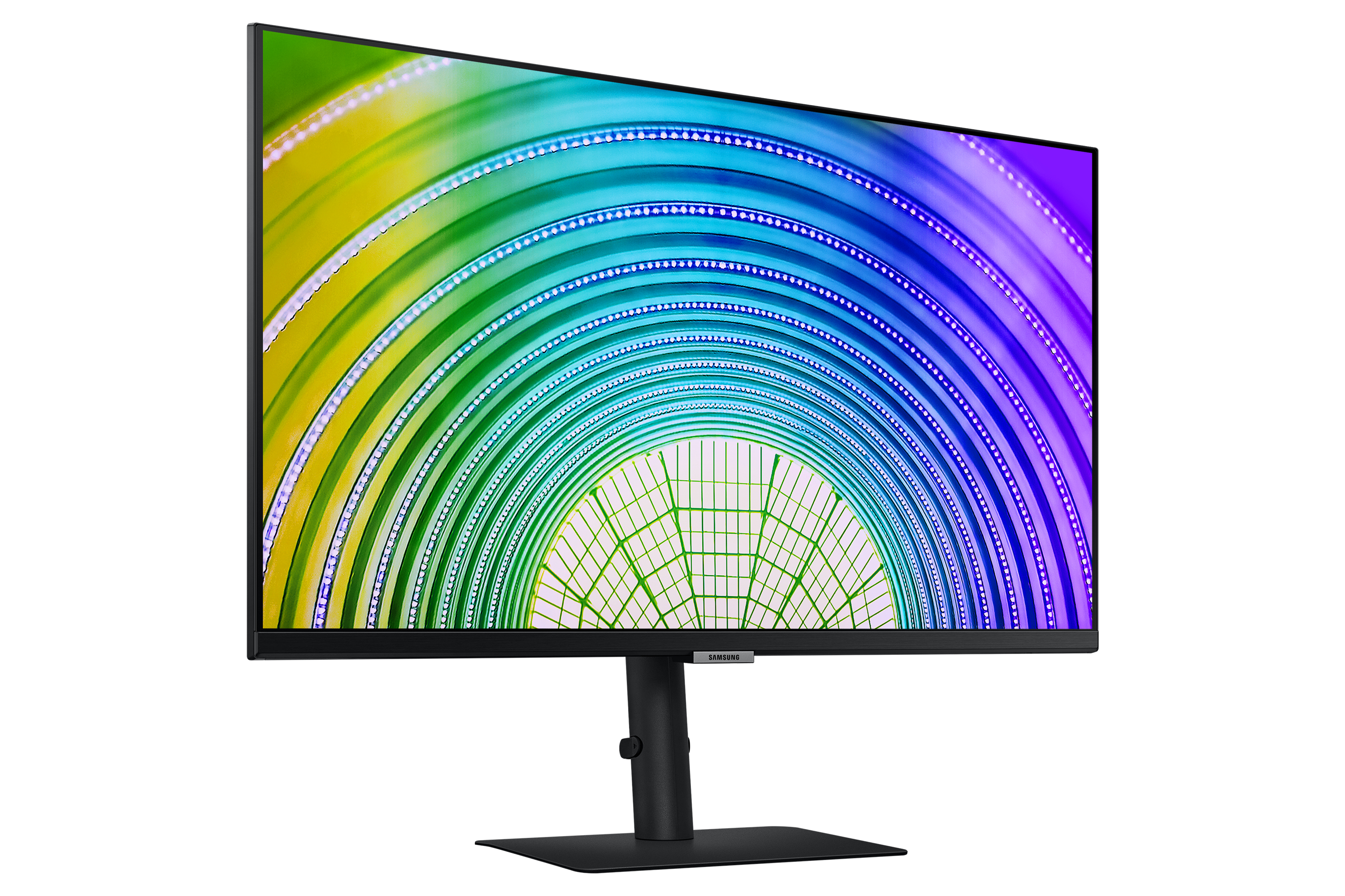 Monitor con schermo ad effetto arcobaleno, supporto nero e sfondo bianco.