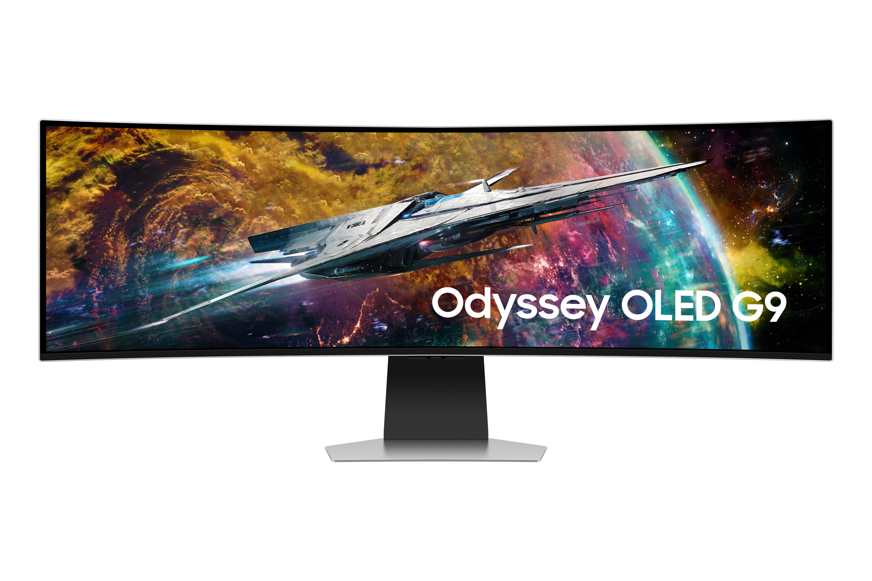 Zakrzywiony monitor wyświetlający statek kosmiczny i planetę, z tekstem 'Odyssey OLED G9'.