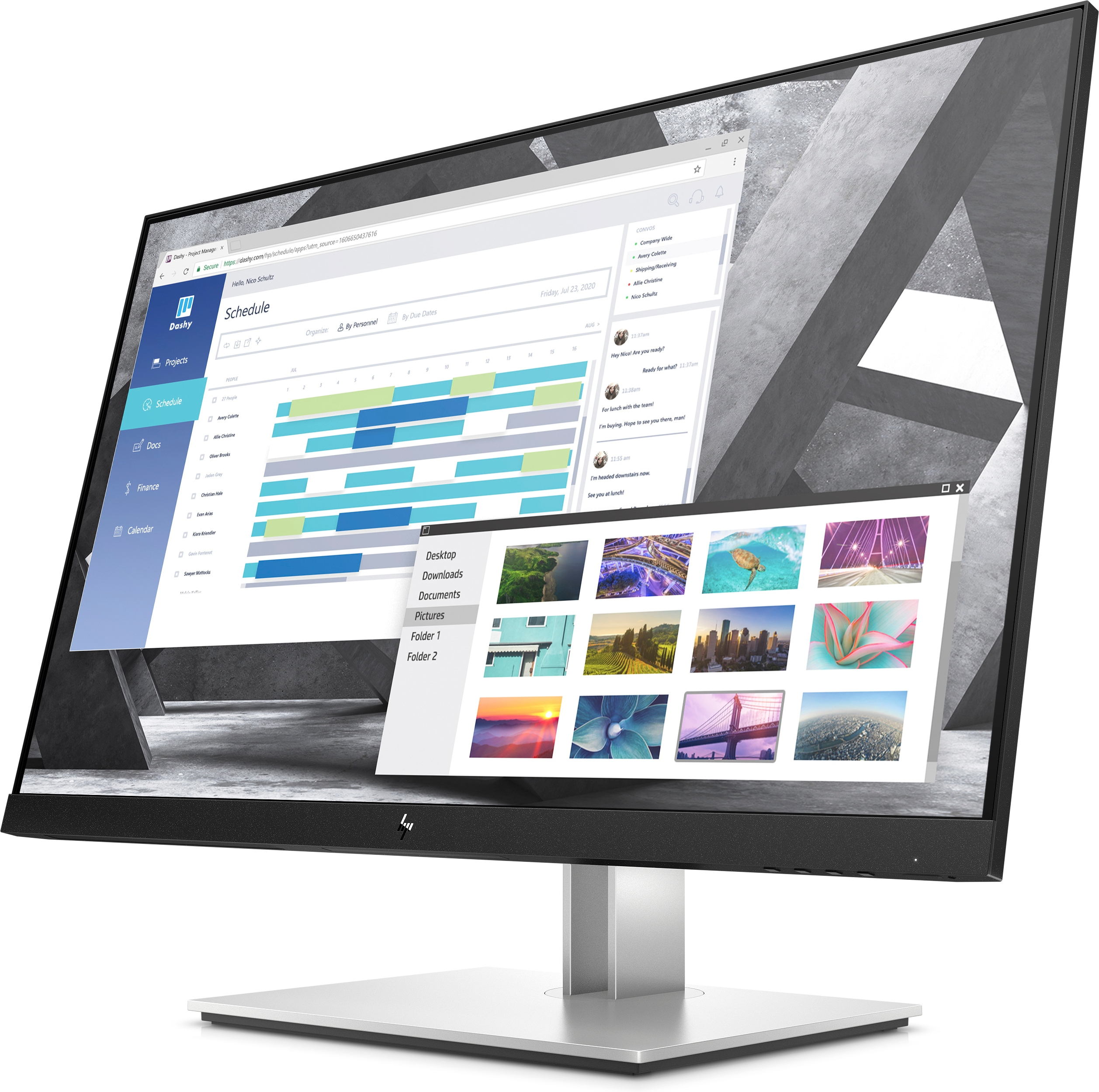 Computer monitor with a browser window open, displaying a calendar and files.