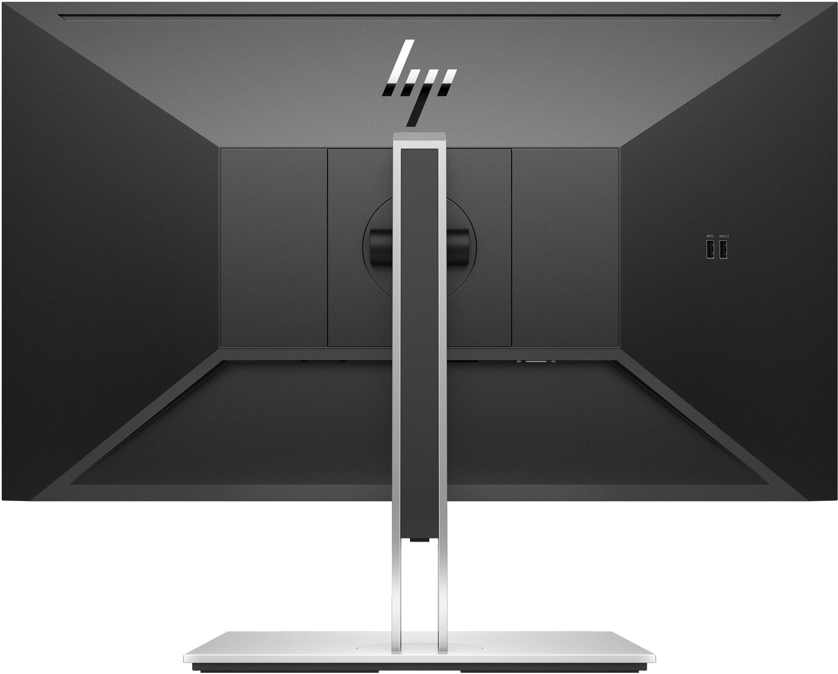 Rear view of an HP monitor. It is black with a silver stand and the HP logo.