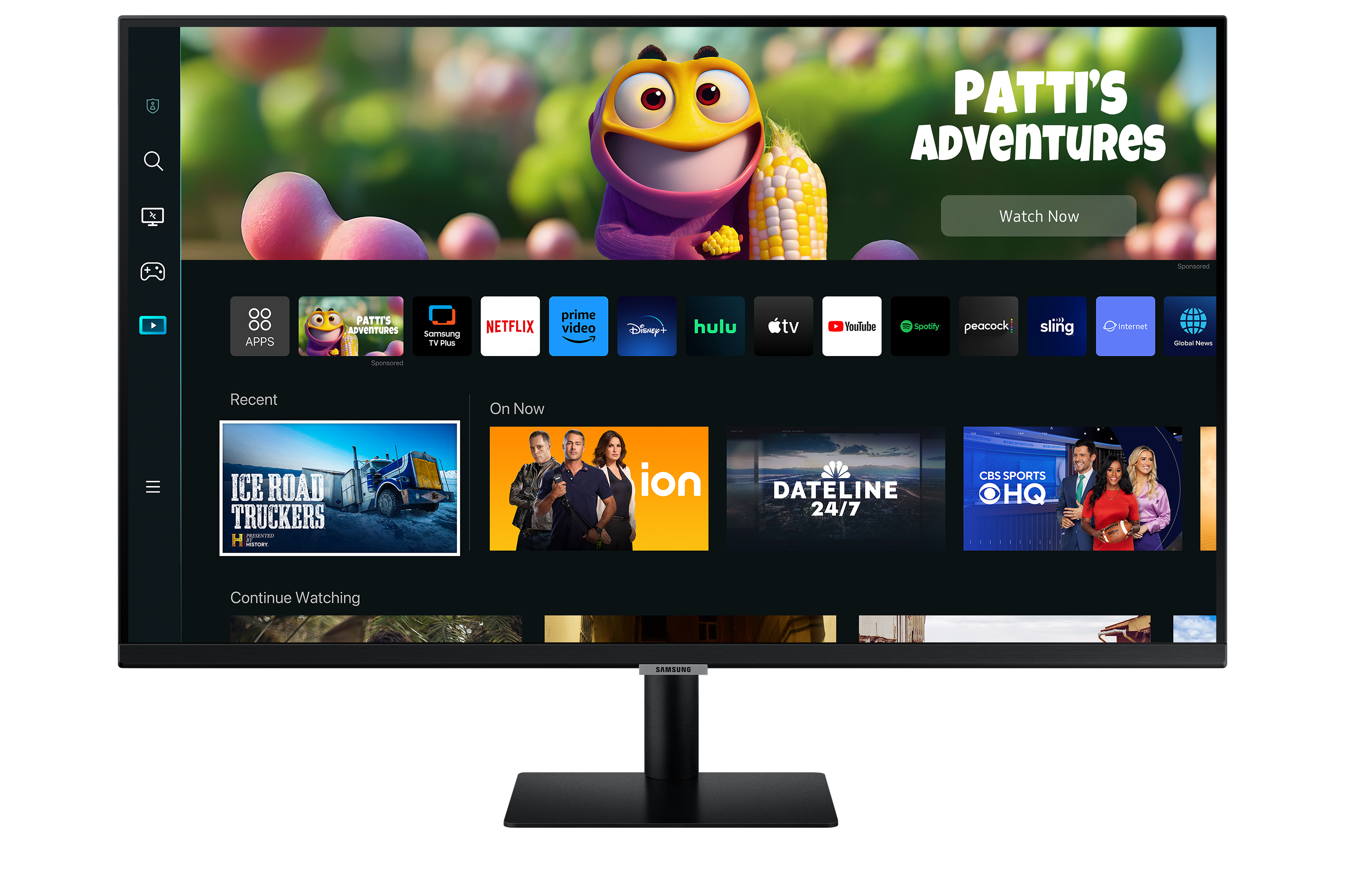 Uno schermo TV Samsung che mostra un servizio di streaming con molte app e il titolo "Patti's Adventures."