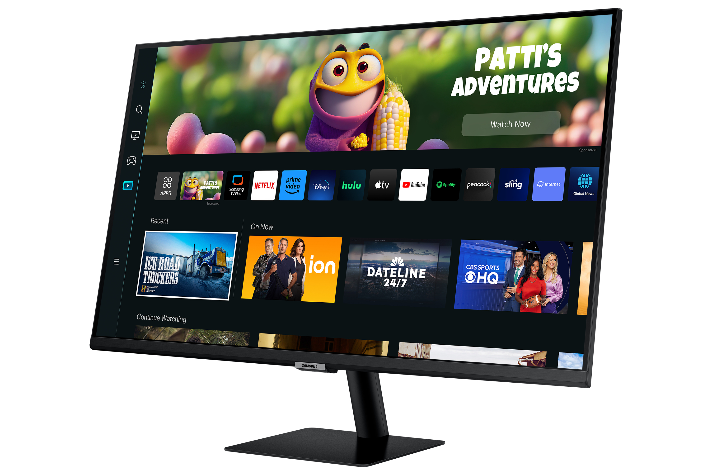 Un monitor del computer nero che mostra un'interfaccia di servizio di streaming. Il monitor è su un supporto nero.