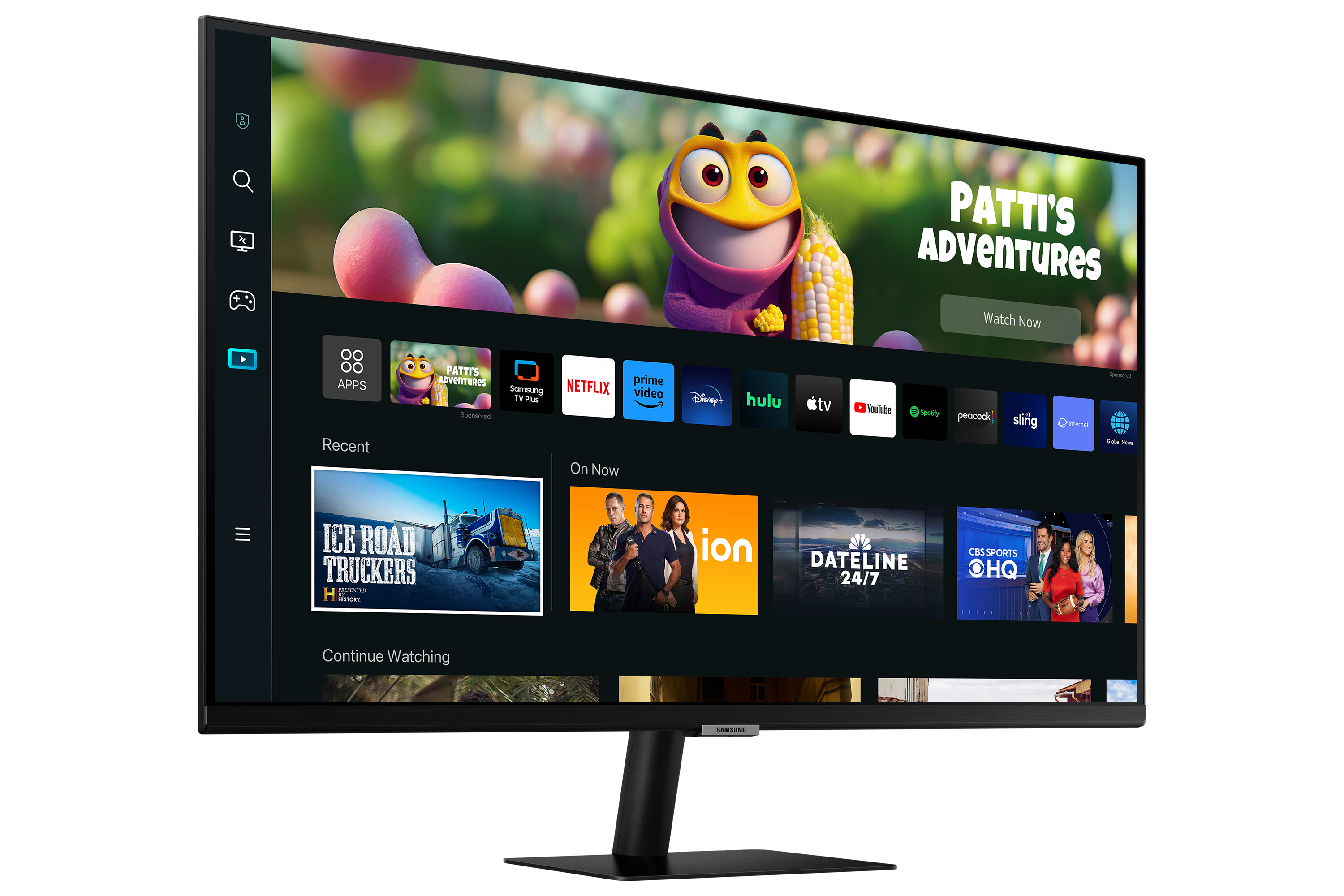 Un televisore Samsung mostra l'interfaccia di un servizio di streaming. Lo schermo mostra diverse icone di app.