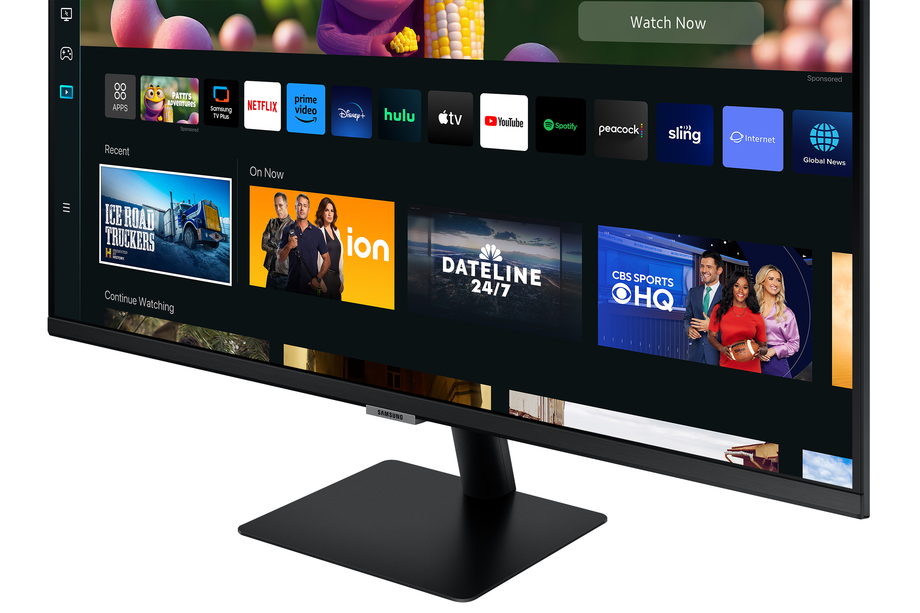 Il monitor Samsung mostra icone di app e un film. Supporto nero.