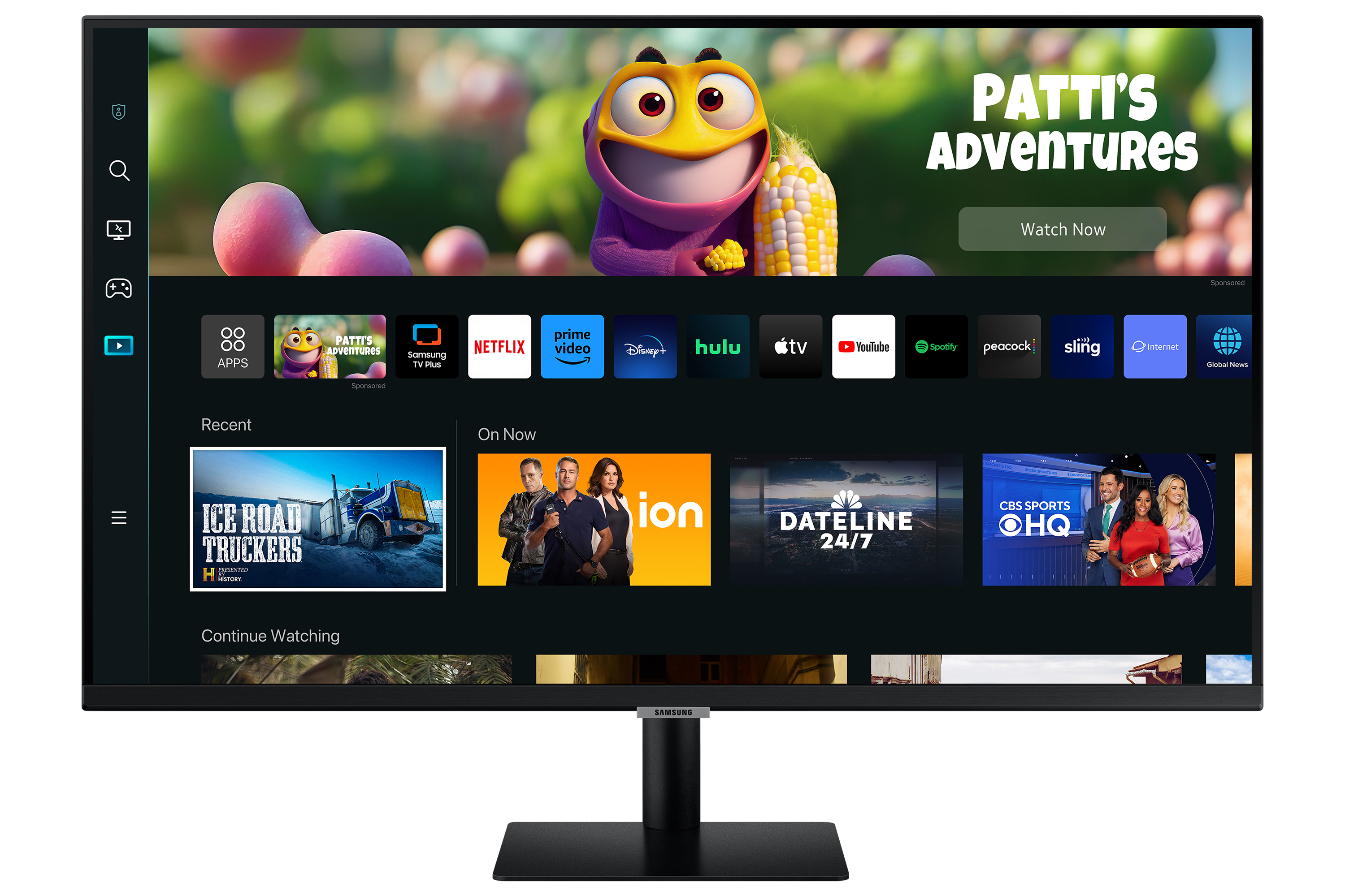 Un monitor Samsung visualizza un'interfaccia colorata con icone di app e opzioni di streaming.