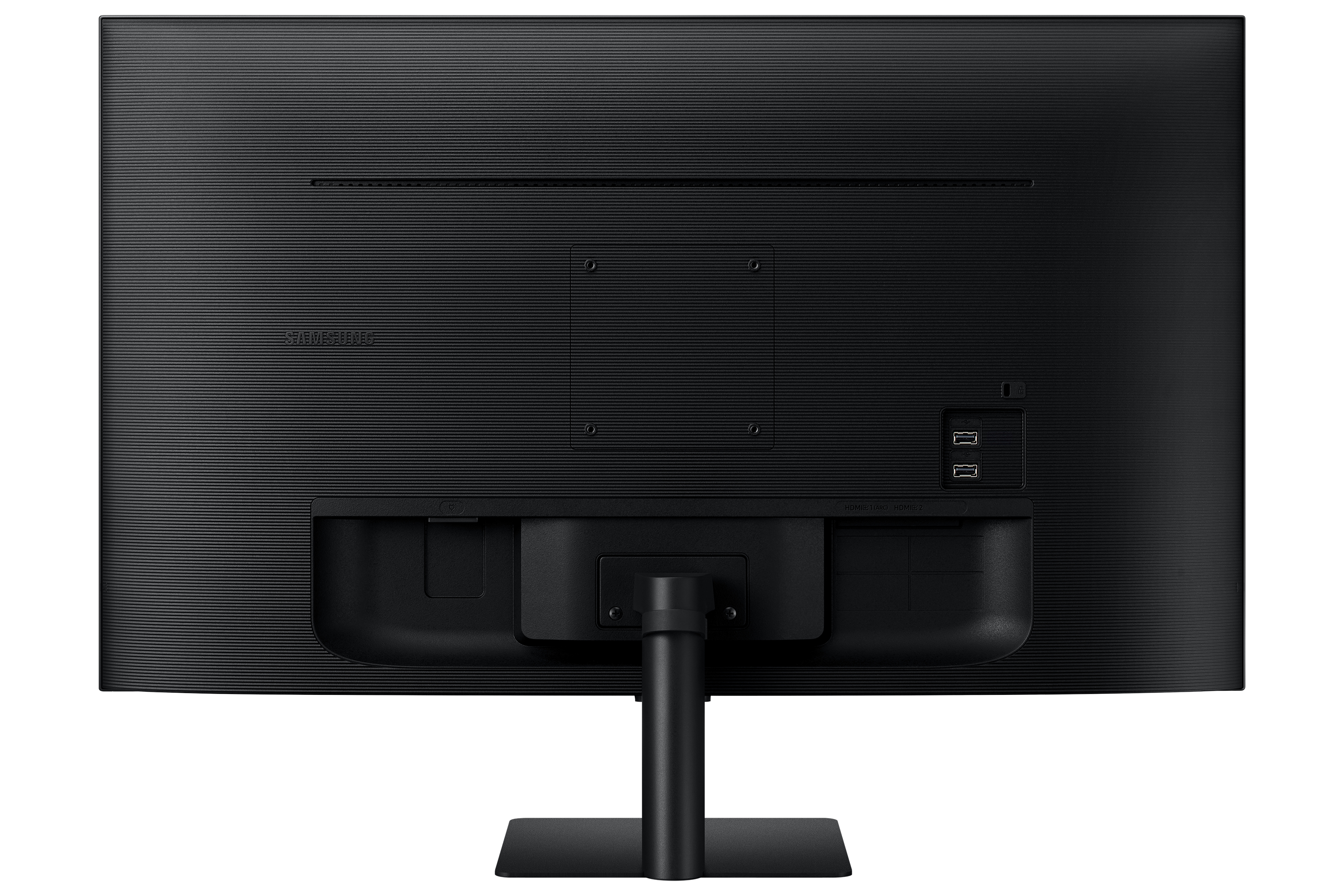 Retro di un monitor per computer nero. Ha diverse porte e un attacco per supporto. Sfondo bianco.