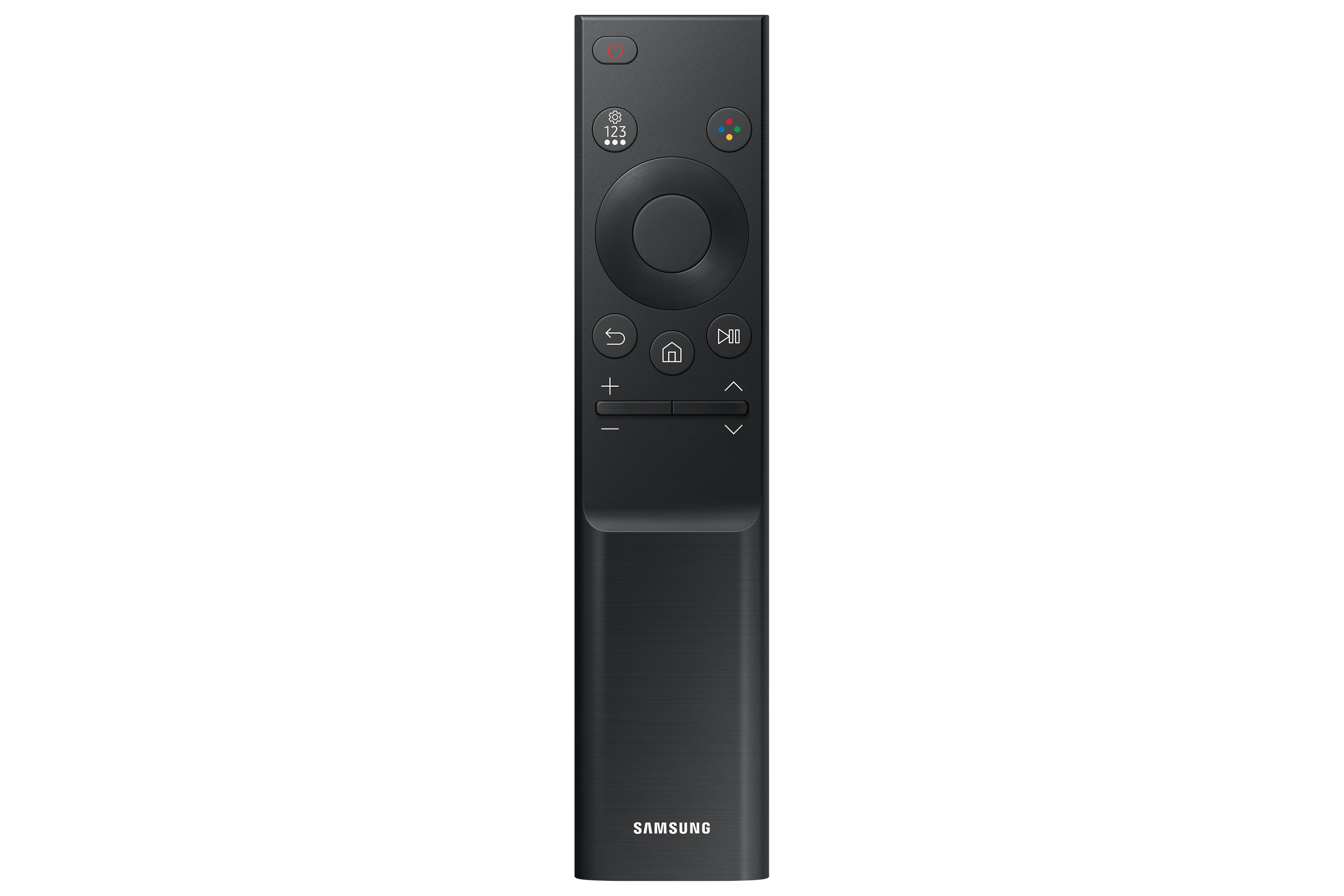 Telecomando Samsung nero con vari pulsanti e icone.