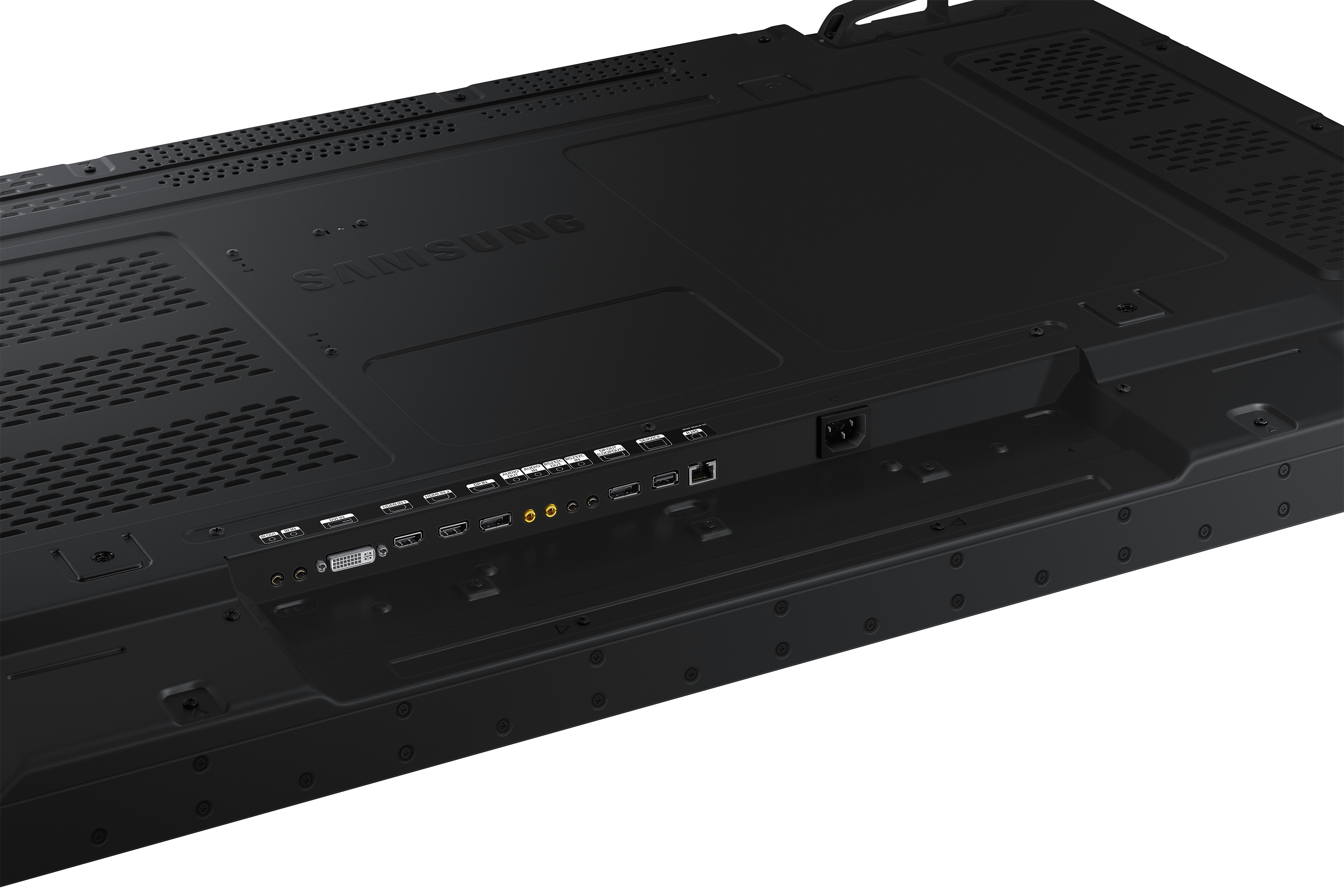 Vista posteriore di un televisore Samsung con varie porte e connessioni. Il retro è nero.
