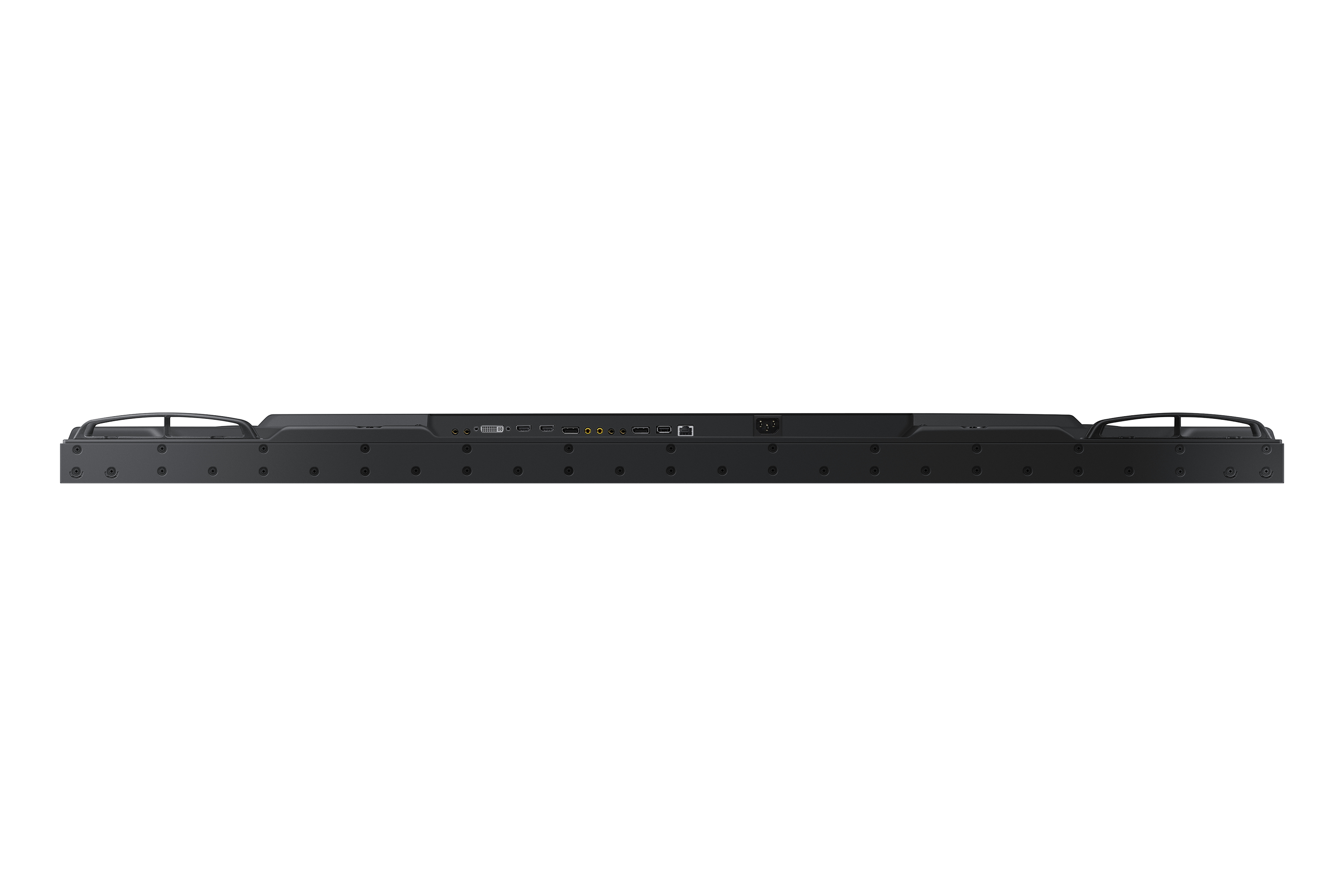 La parte posteriore di una soundbar nera. Ha molte porte e ventilazione in alto. Sfondo bianco.