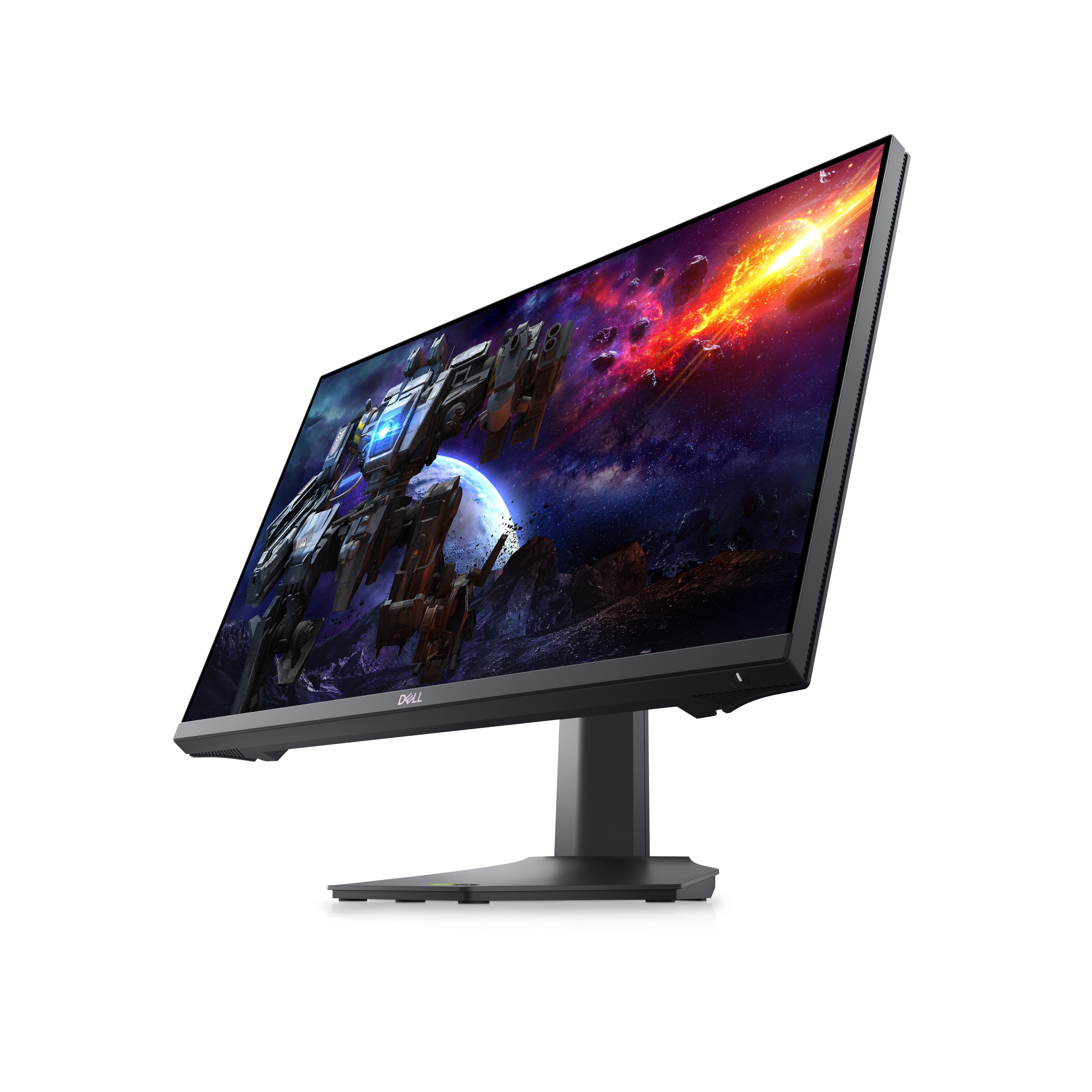 Dell-Monitor, der eine Weltraumszene mit Schiff und Planeten zeigt.