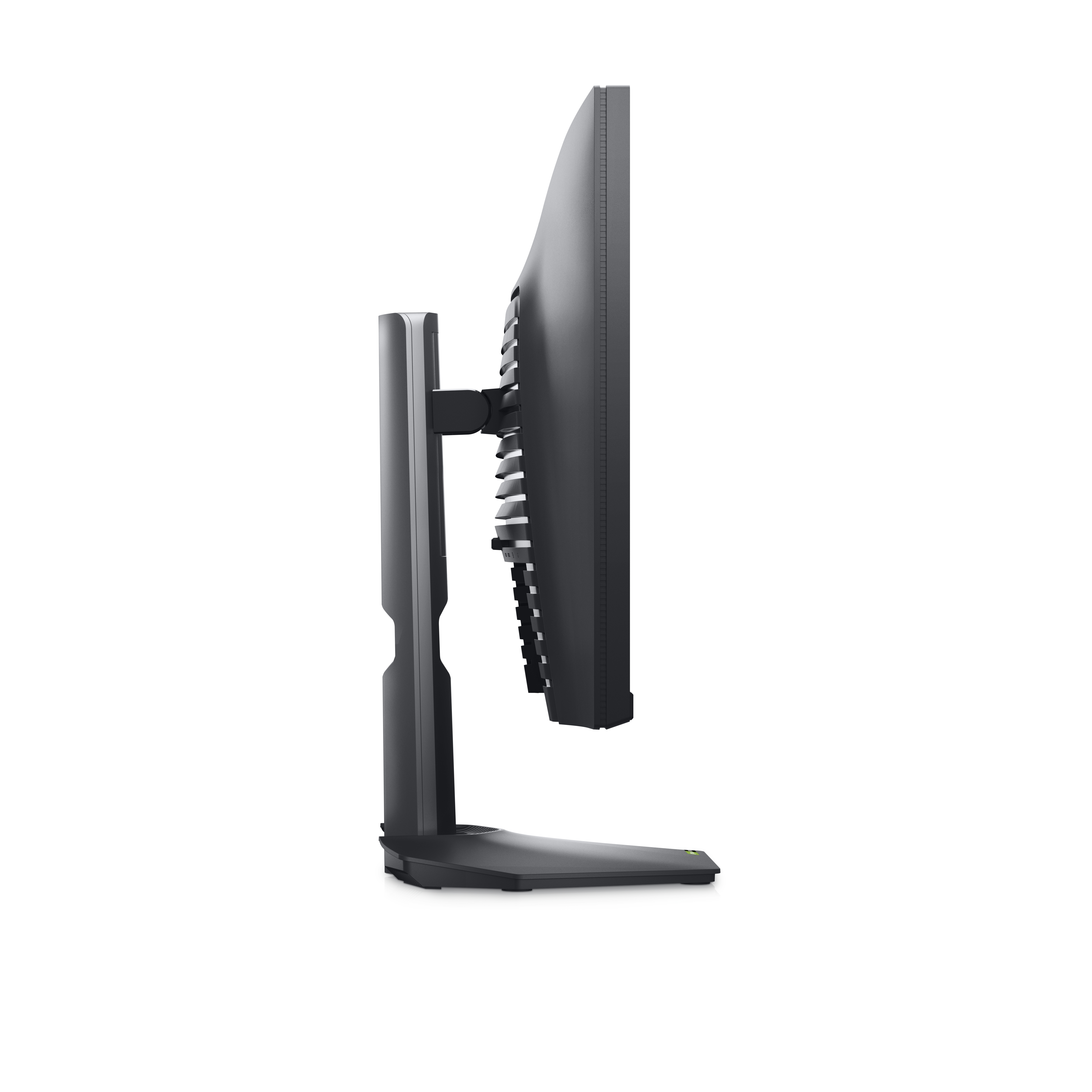 Seitenansicht eines schwarzen Computermonitors. Der Monitor ist auf einem schwarzen Ständer montiert.