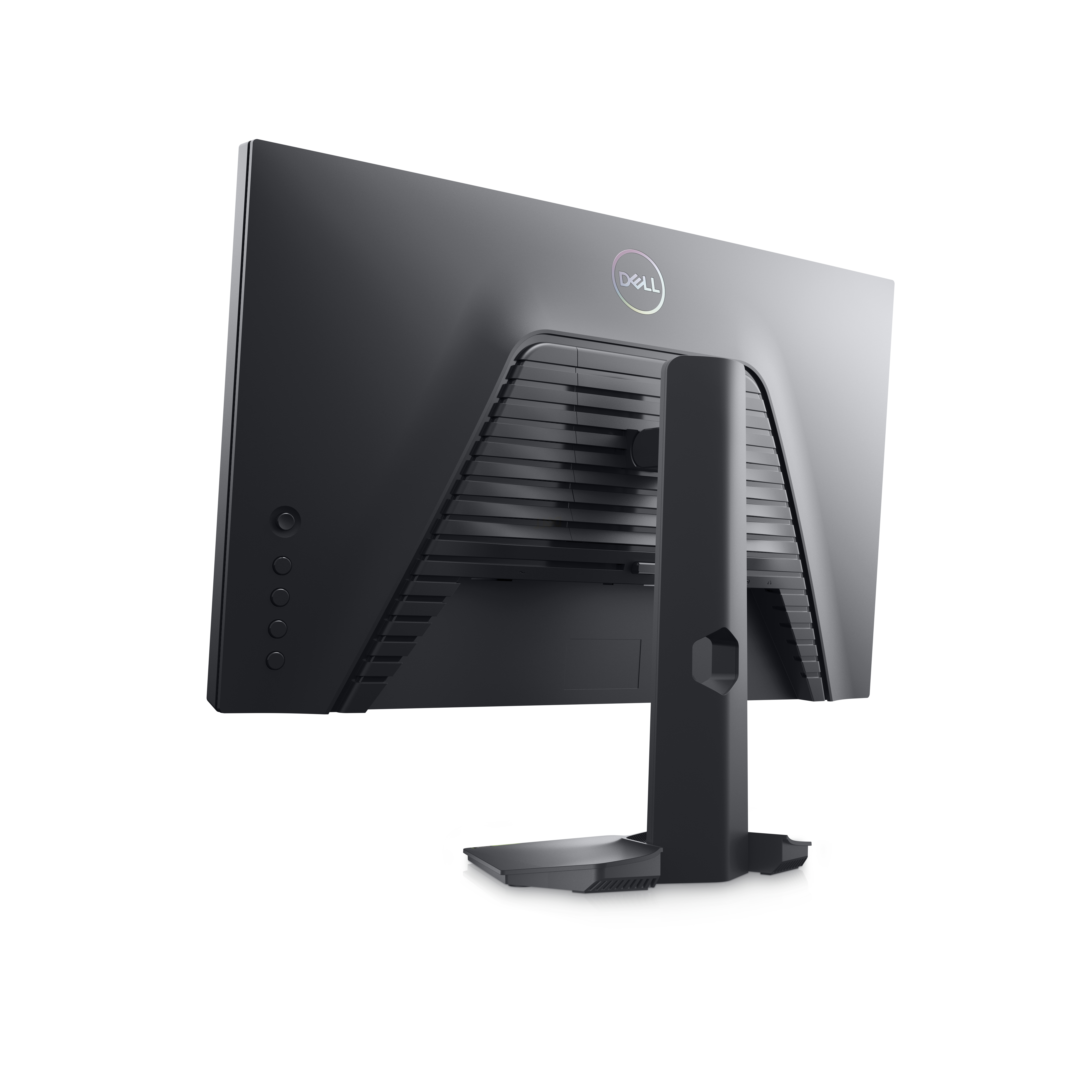 Dell-Monitor Rückansicht. Zeigt das Dell-Logo, Anschlüsse und Ständer. Schwarze Farbe.