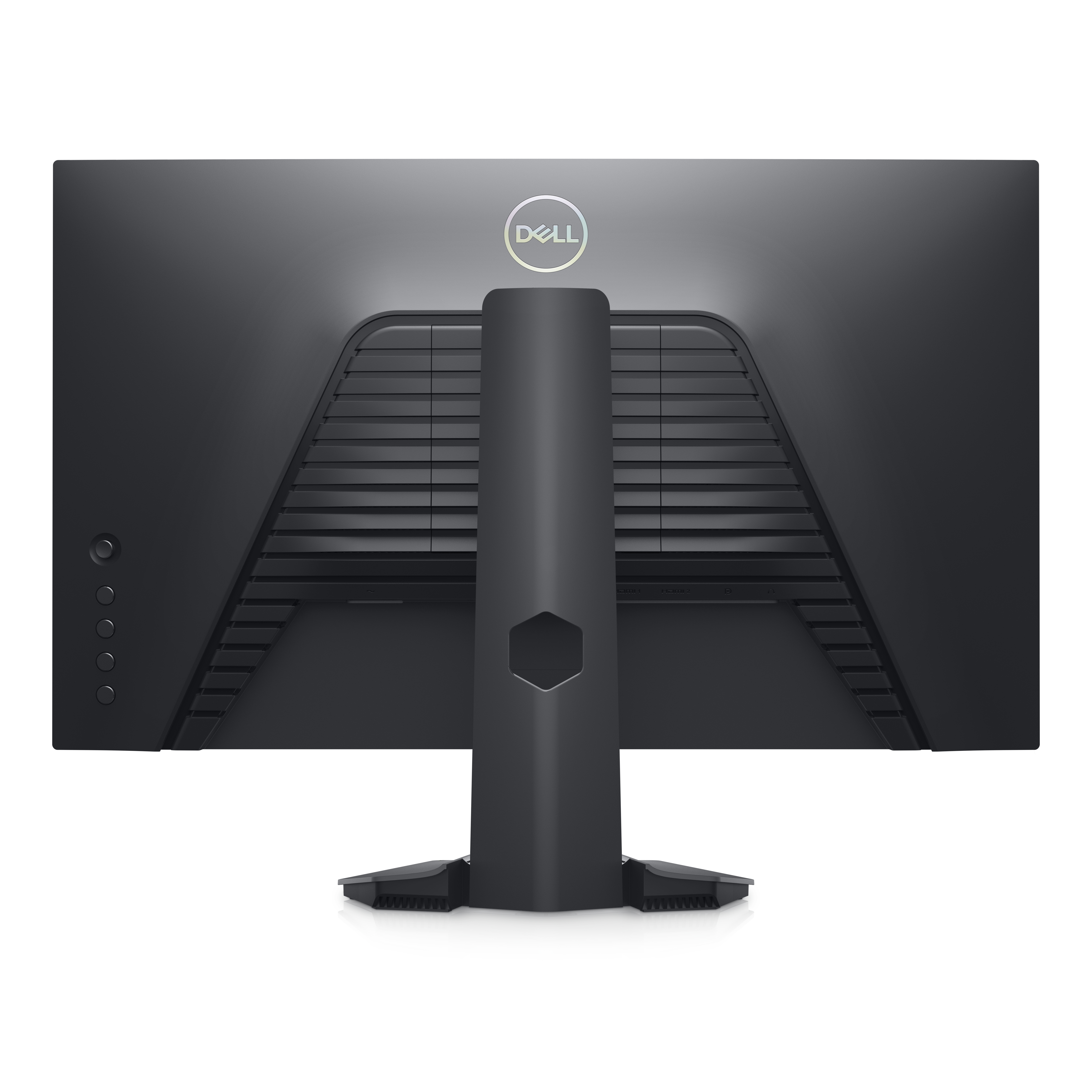 Rückseite eines schwarzen Monitors. Mit Ständer, Belüftung und dem Dell-Logo.