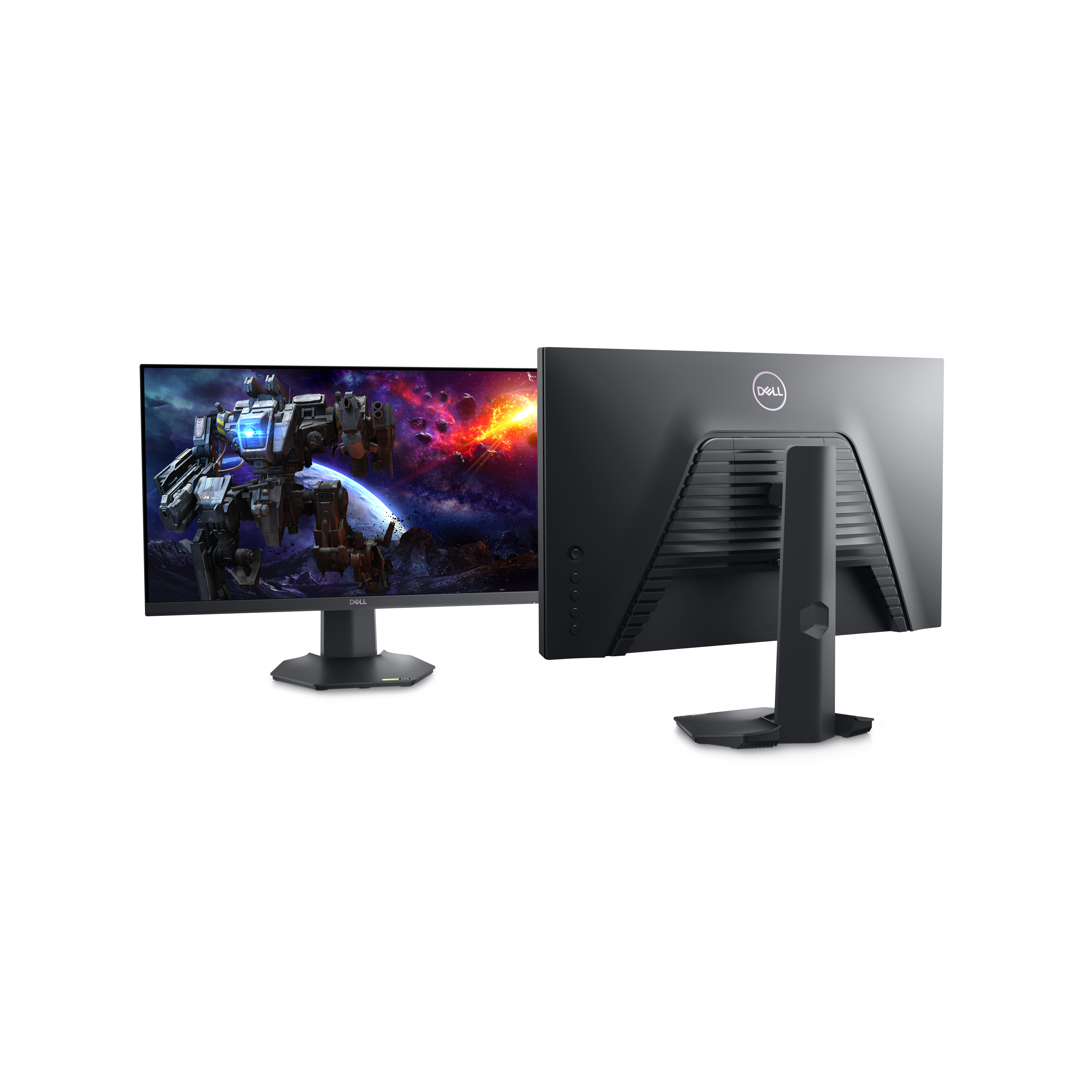 Ein Gaming-Monitor, der eine Spielszene mit einem Roboter anzeigt. Der Monitor ist schwarz und hat einen schwarzen Ständer.