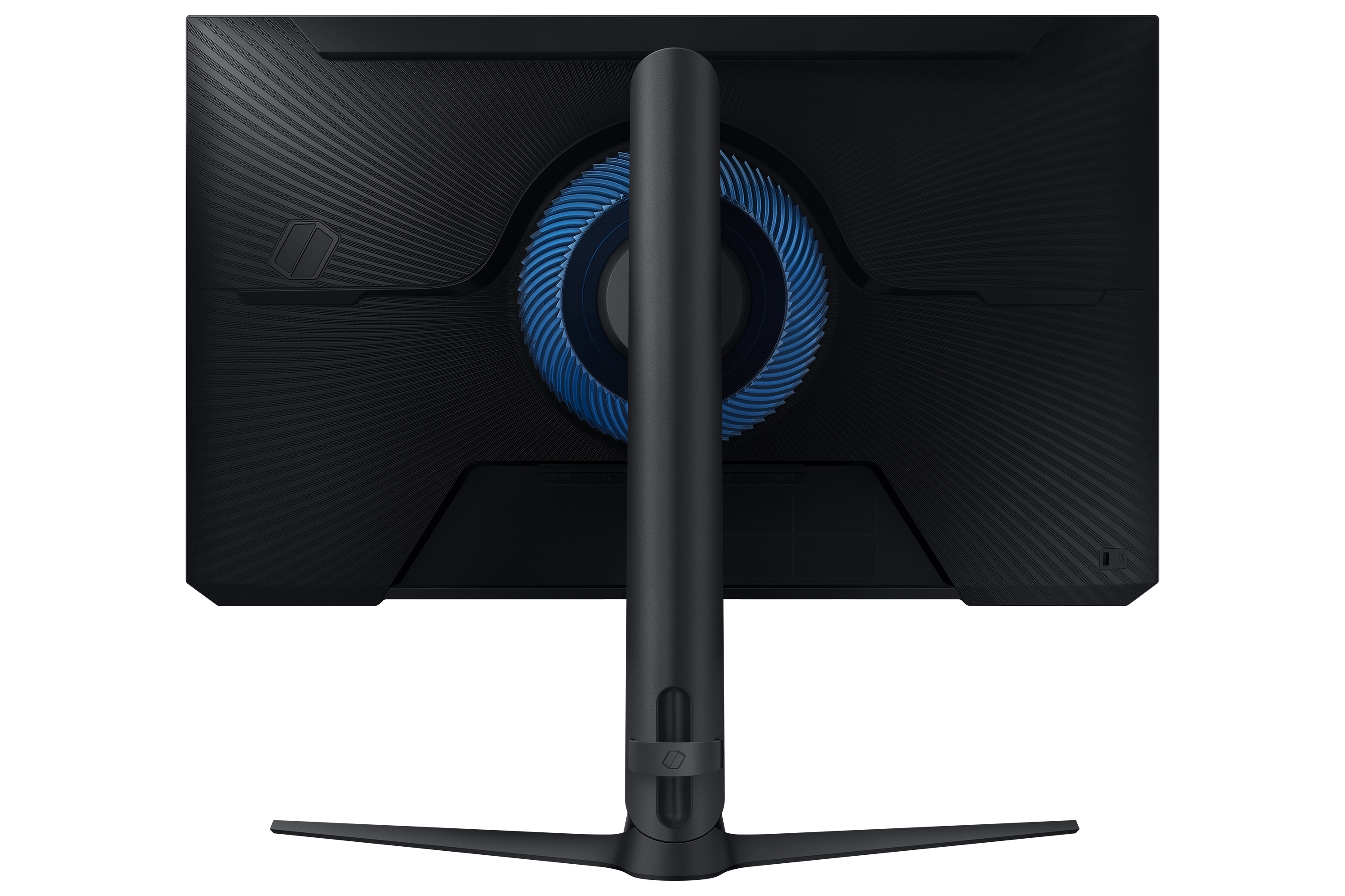 Retro di un monitor Samsung nero con un design circolare blu, supporto.