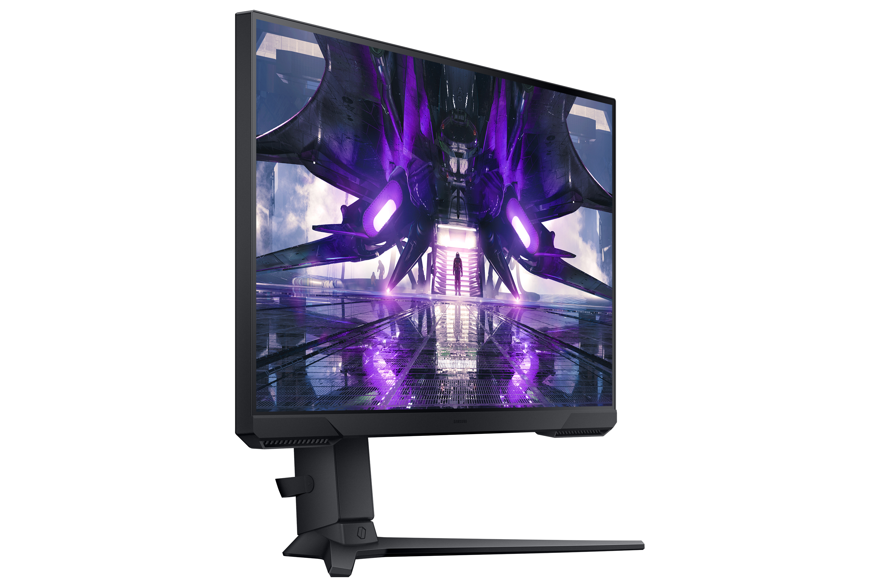 Un monitor da gioco curvo che mostra una scena di gioco con caccia.