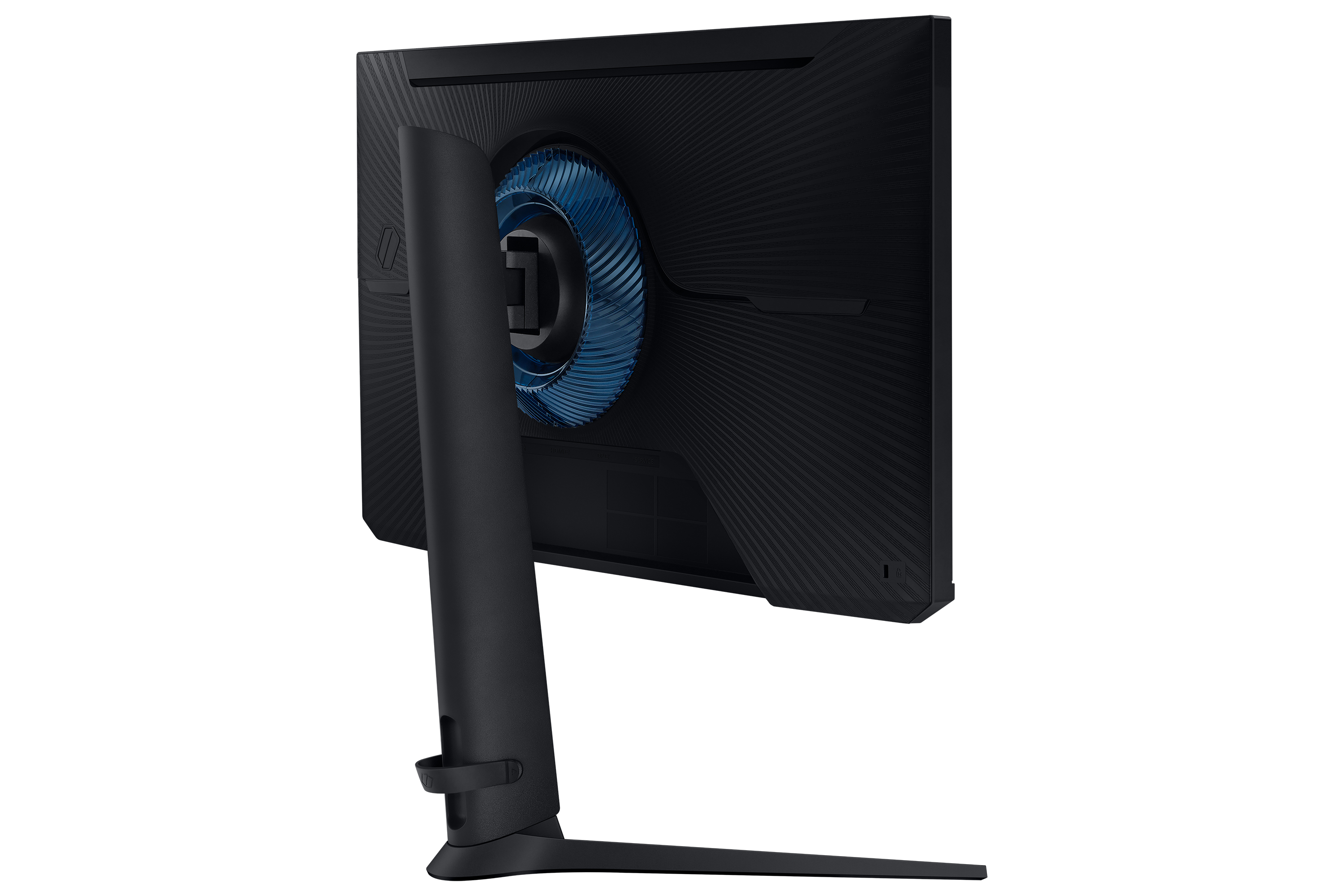 Vista posteriore del monitor nero, con supporto e un elemento di design blu.