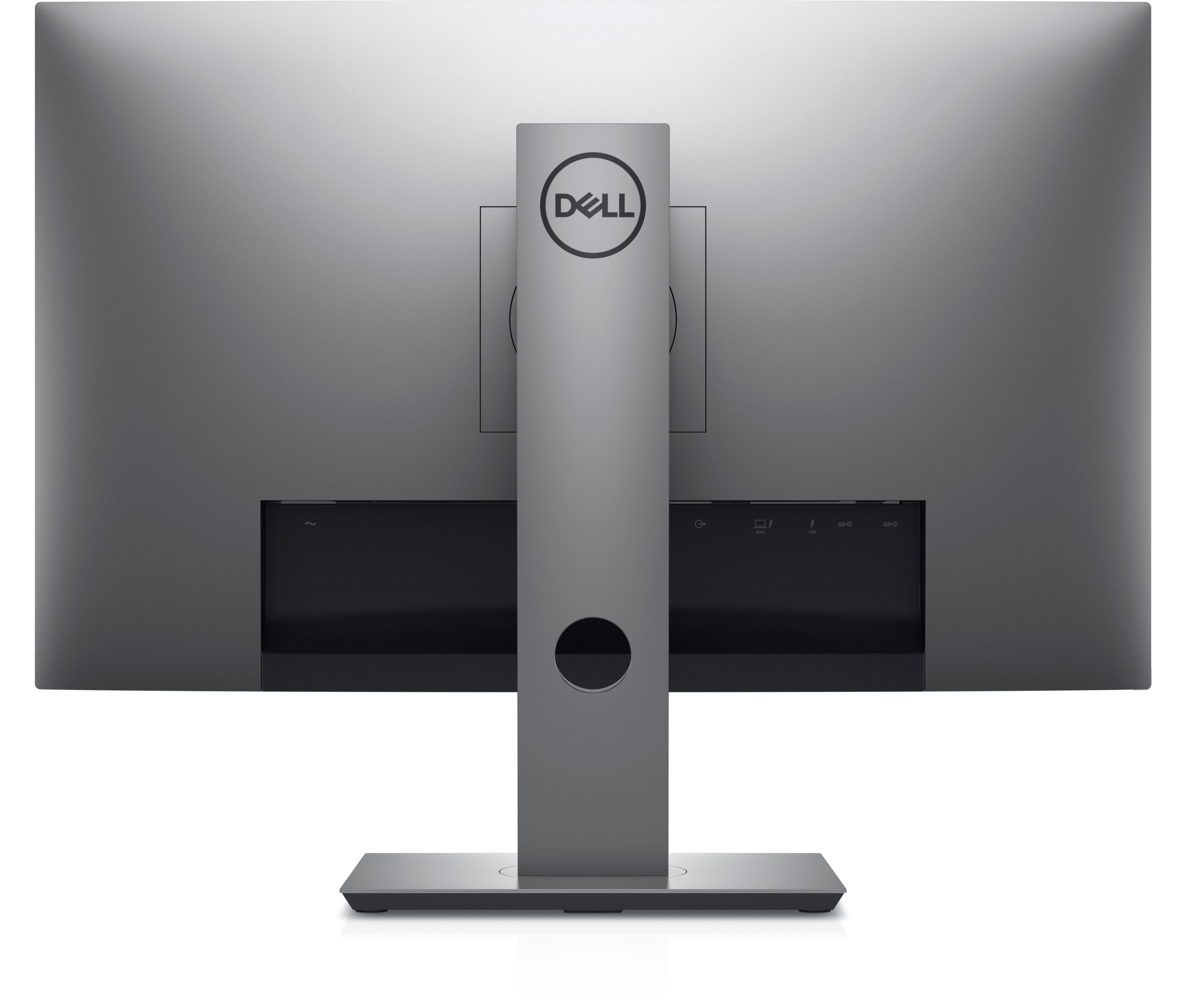Vista trasera de un monitor Dell. El soporte y la base son visibles.