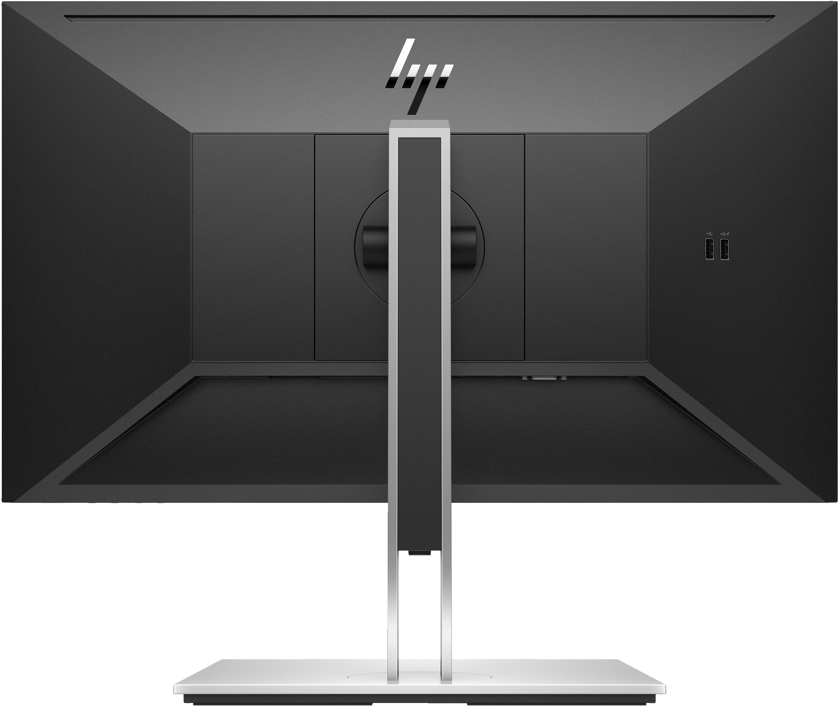 Back of a computer monitor. It has a stand and the HP logo. It's black and silver.
