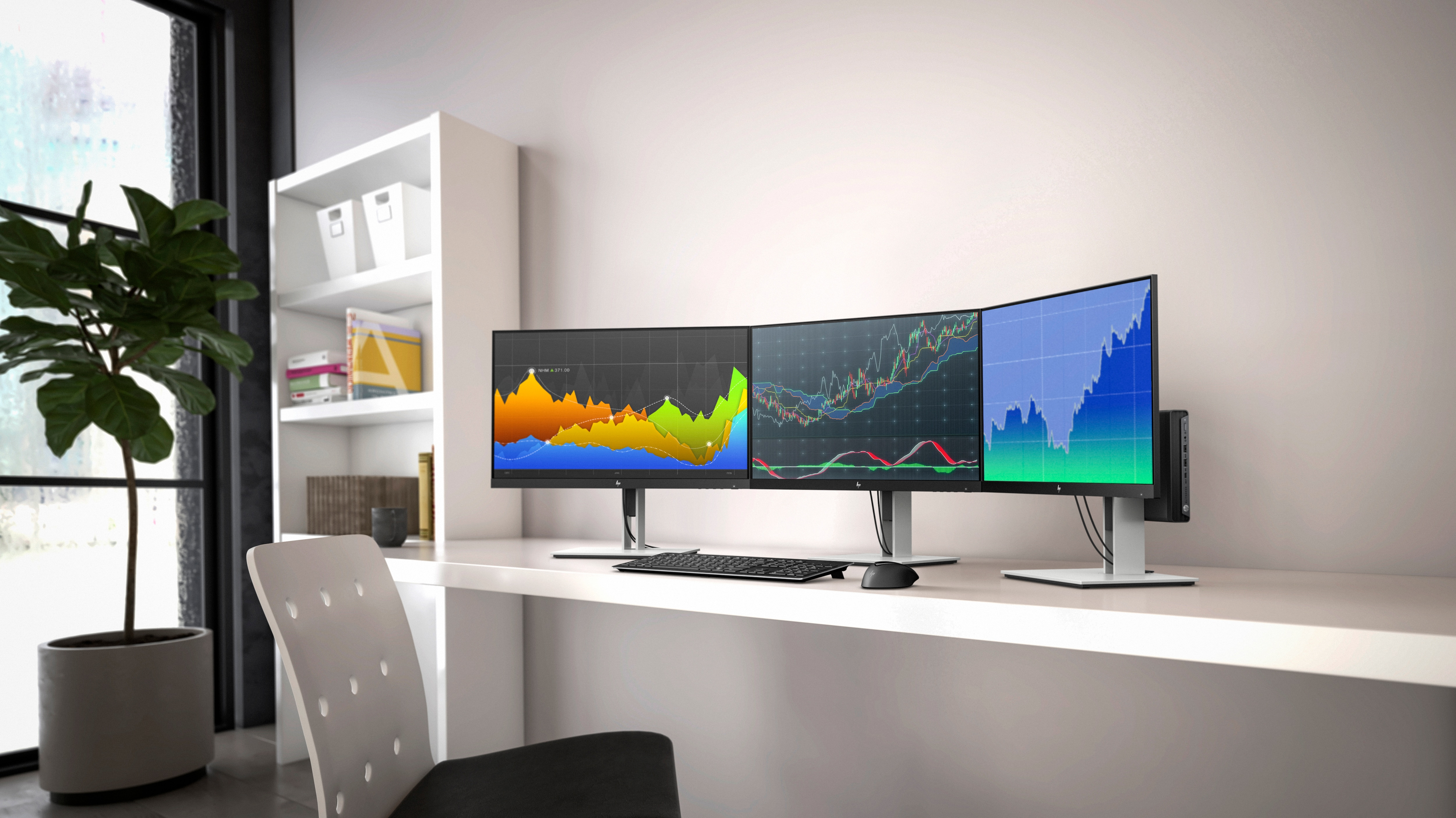 Three curved monitors displaying graphs and charts in a modern office setting. White desk and a plant on the left.