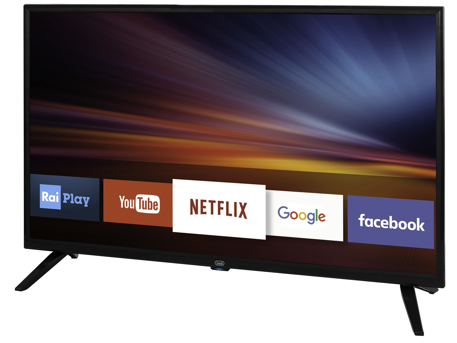 Pantalla de TV mostrando apps: RaiPlay, YouTube, Netflix, Google y Facebook. Patas negras.
