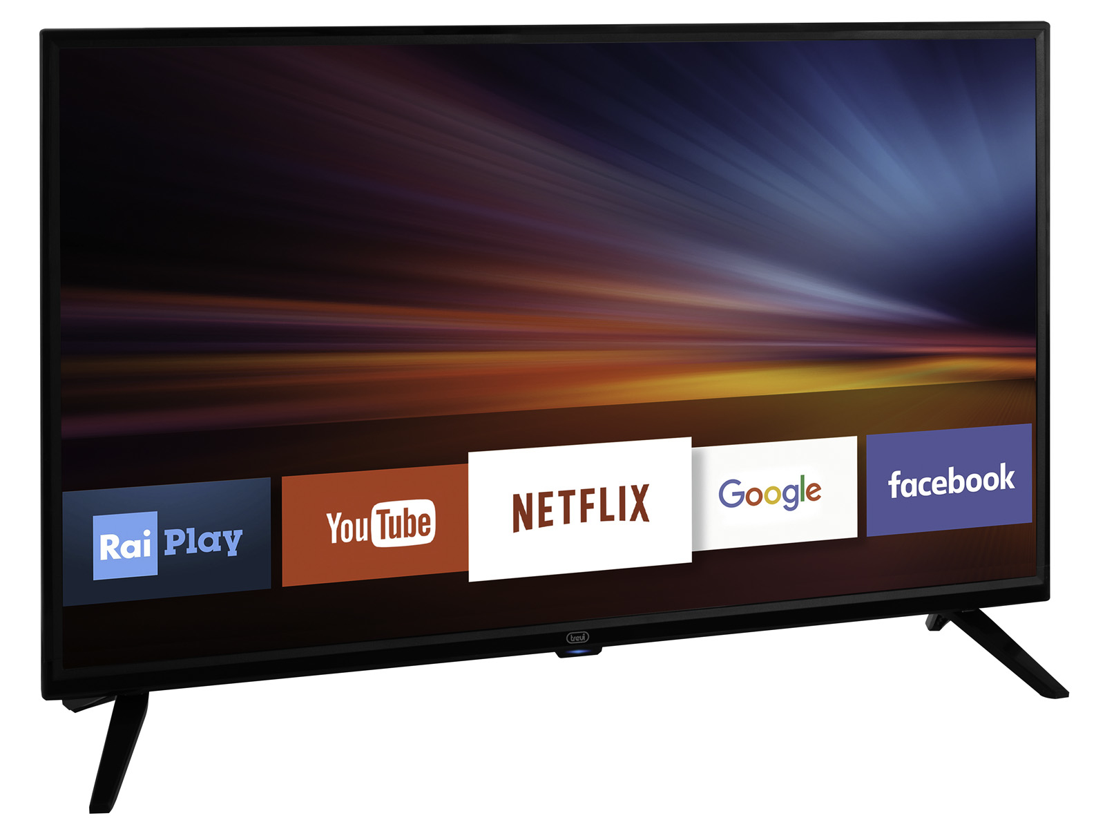 Una pantalla de TV muestra los logotipos de Rai Play, YouTube, Netflix, Google y Facebook. El televisor tiene patas negras.