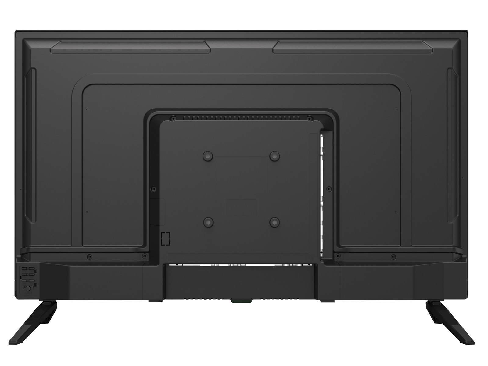 La parte trasera de un televisor negro, con puertos y soporte de montaje, se apoya en dos patas negras.