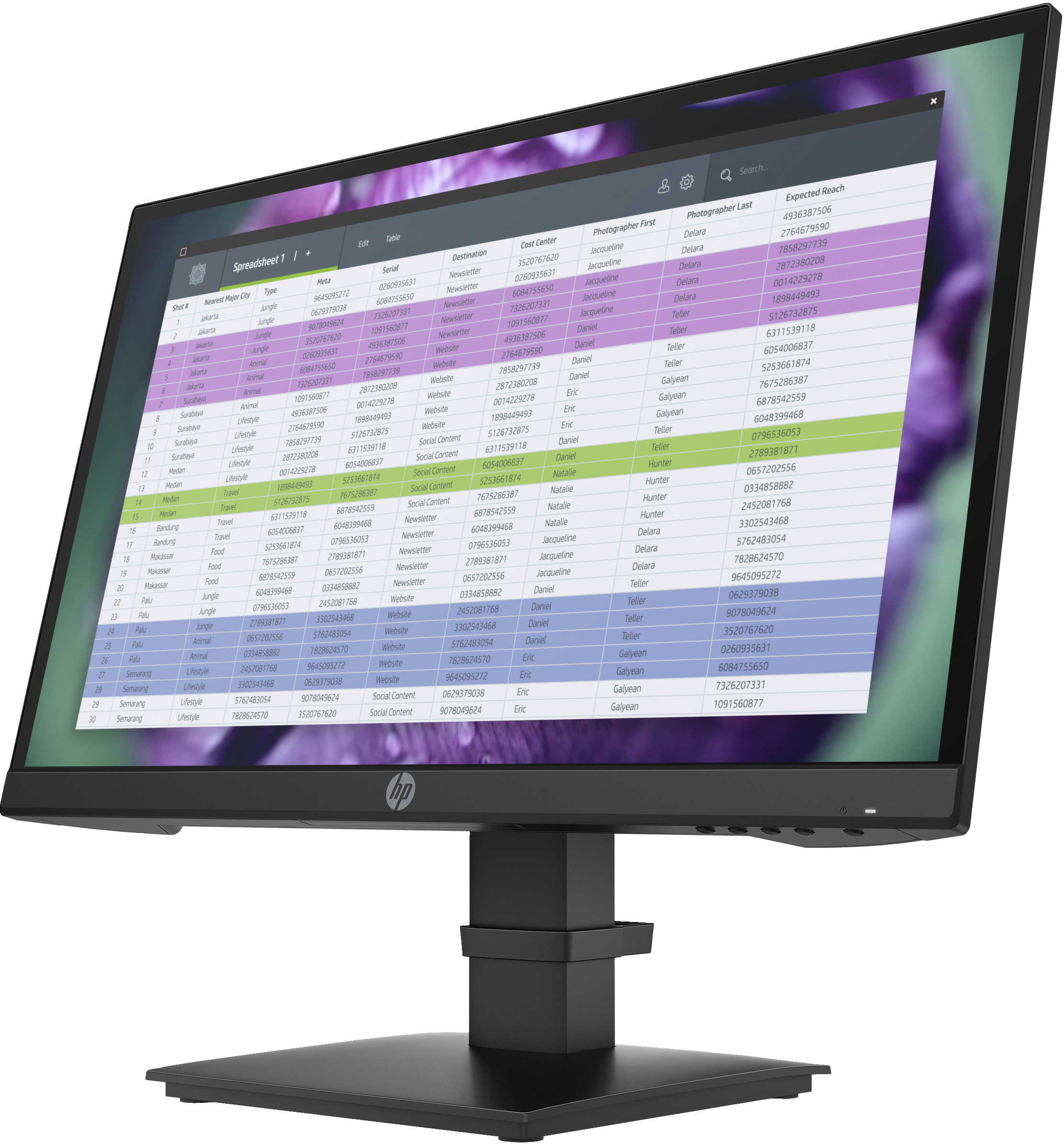 Monitor de computadora negro que muestra una hoja de cálculo. Logotipo de HP en la parte inferior.