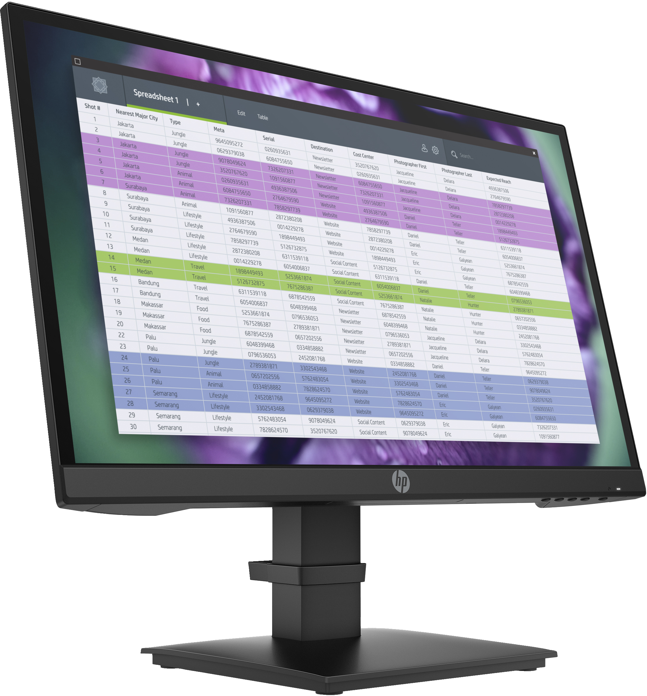 El monitor HP muestra una hoja de cálculo. La pantalla muestra filas y columnas de datos. El fondo es oscuro.