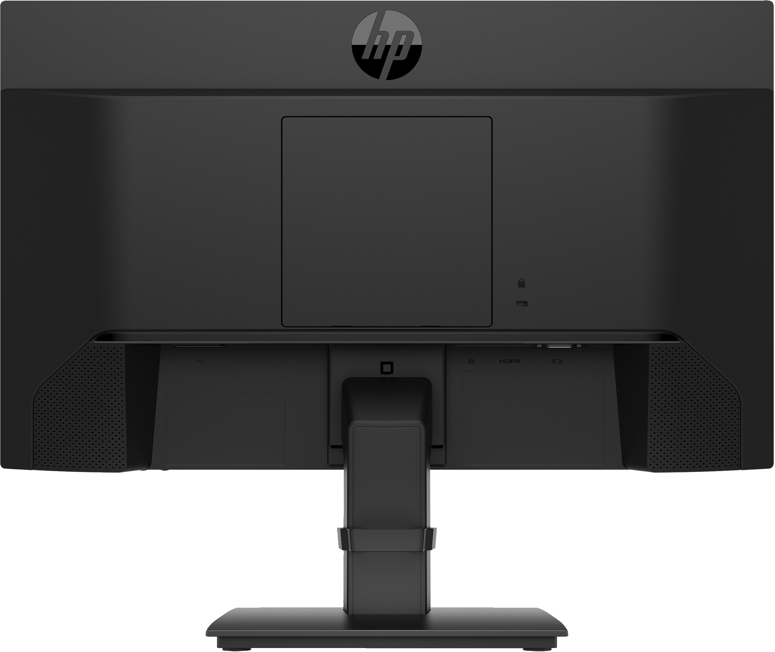 La parte trasera de un monitor de ordenador negro con puertos, un soporte y el logotipo de HP.