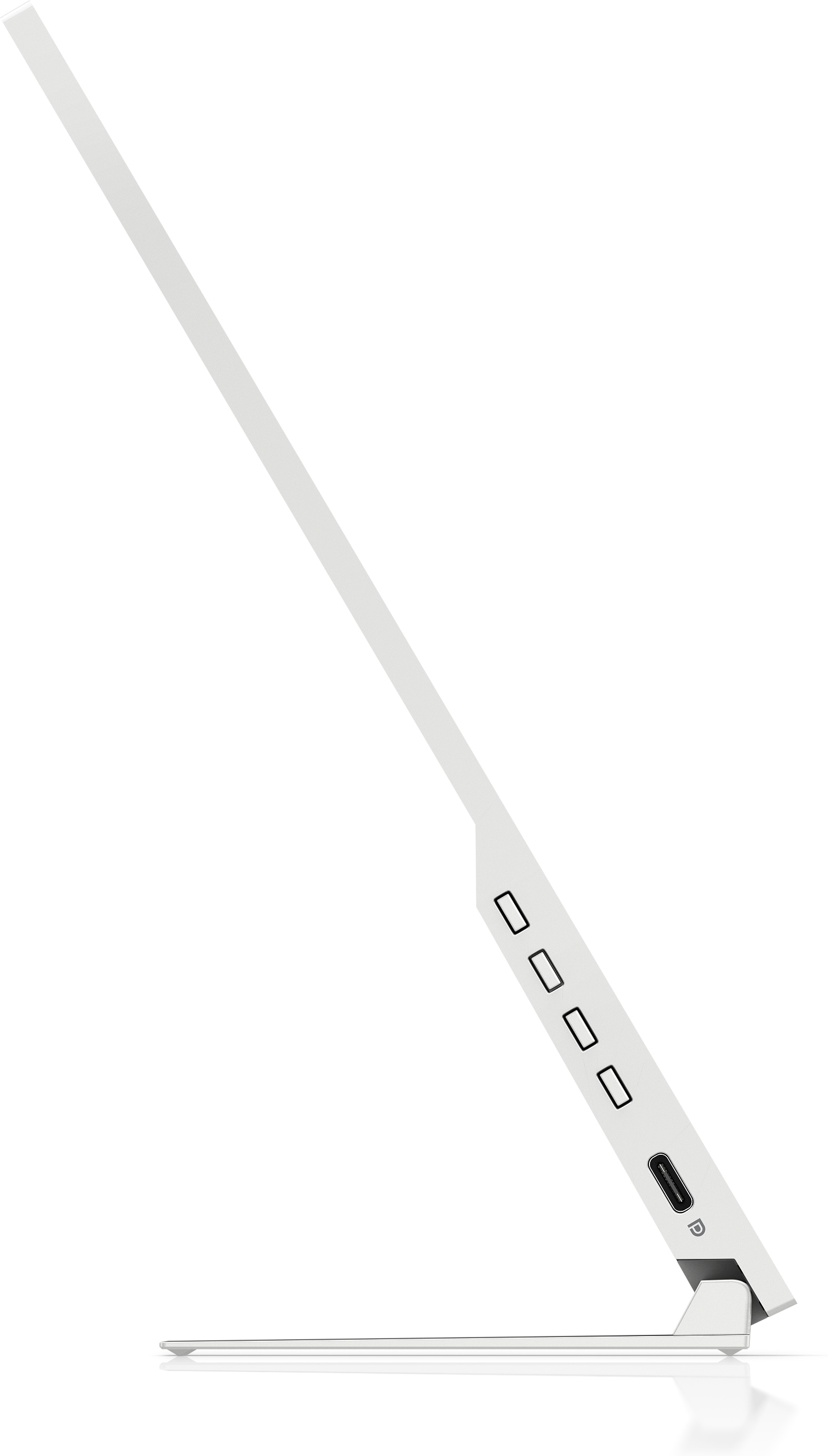 Biały laptop widziany z boku, pokazujący porty i elegancki design na białym tle.