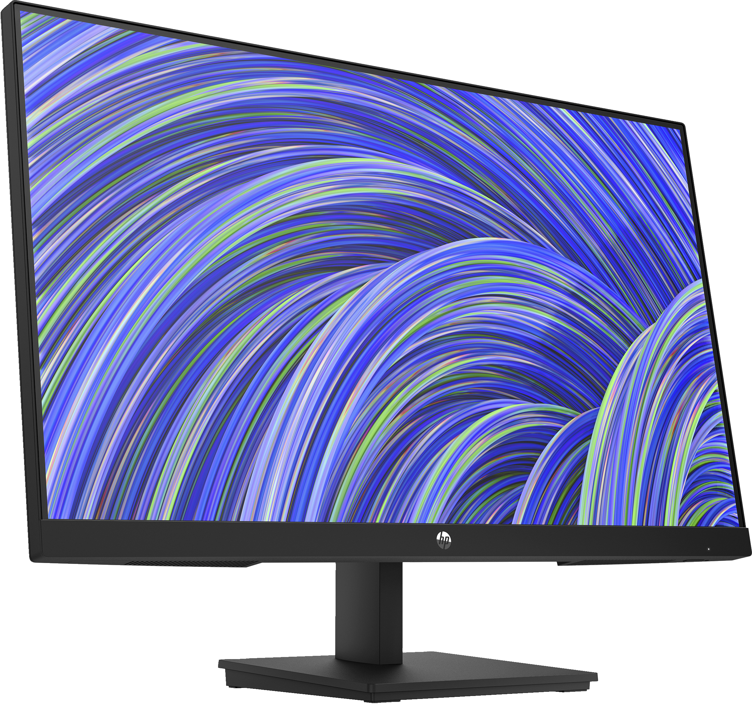 Monitor HP: Bisel negro, soporte y pantalla que muestra un patrón abstracto arremolinado azul y blanco.
