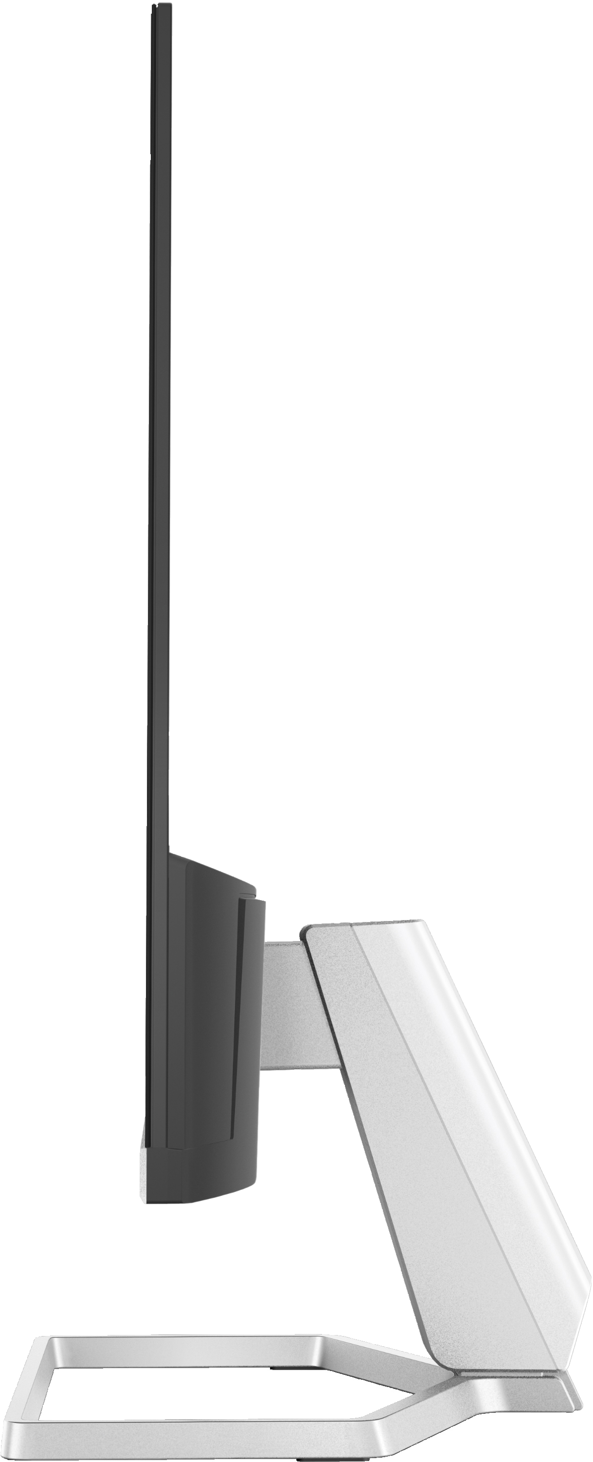 Widok z boku monitora z czarnym ekranem, białą ramką i białą podstawą. Białe tło.