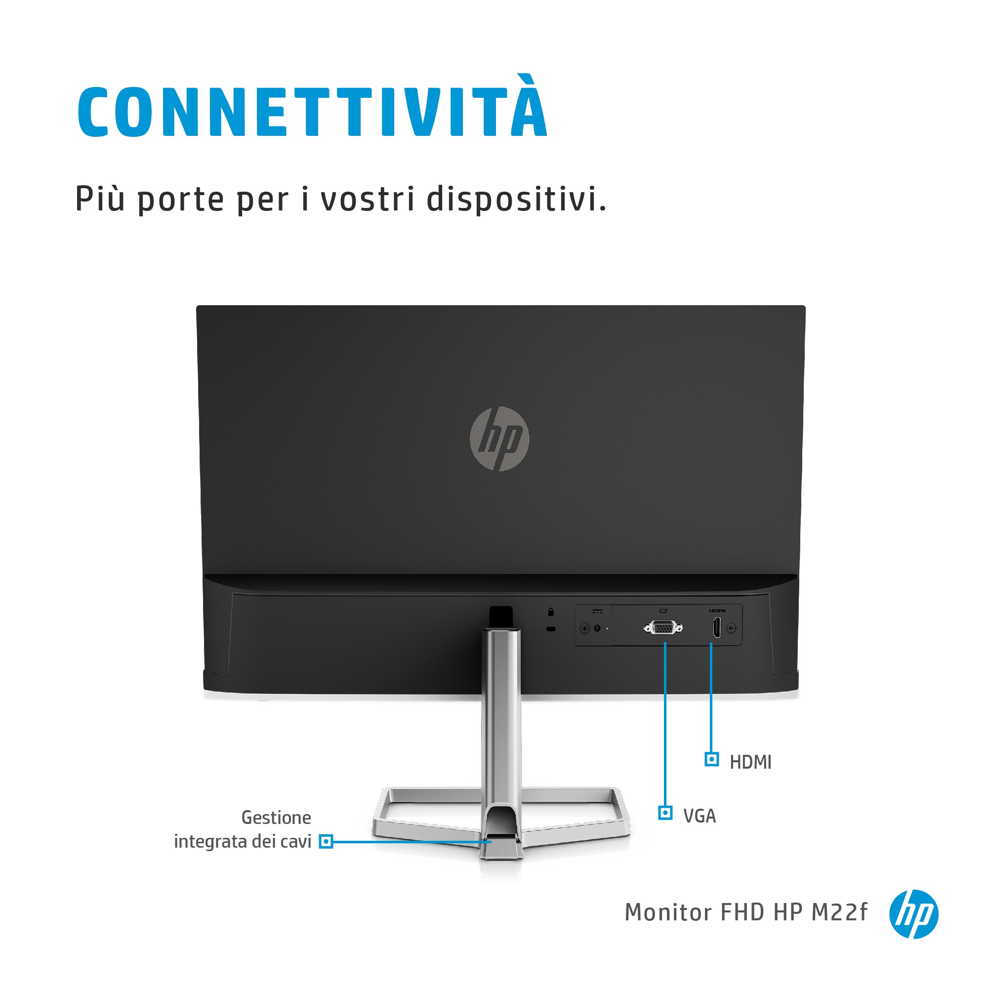Tył czarnego monitora z logo HP, z portami HDMI i VGA.